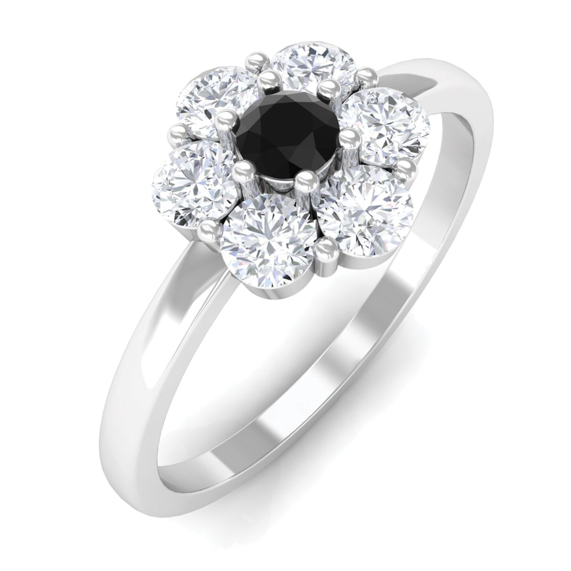 3/4 CT Black Diamond and Moissanite Flower Promise Ring in Gold Black Diamond - ( AAA ) - Quality - Rosec Jewels