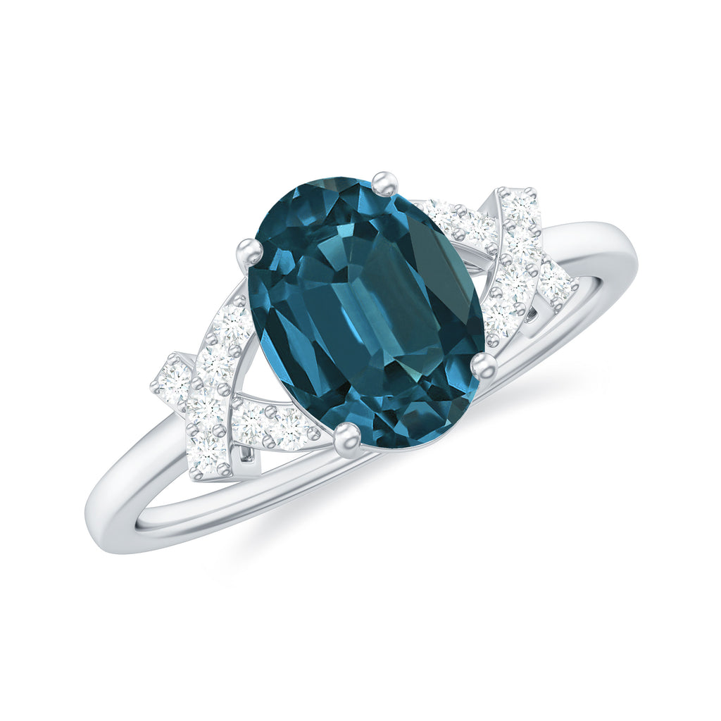 1.25 CT Oval London Blue Topaz Solitaire Split Shank Ring with Diamond London Blue Topaz - ( AAA ) - Quality - Rosec Jewels
