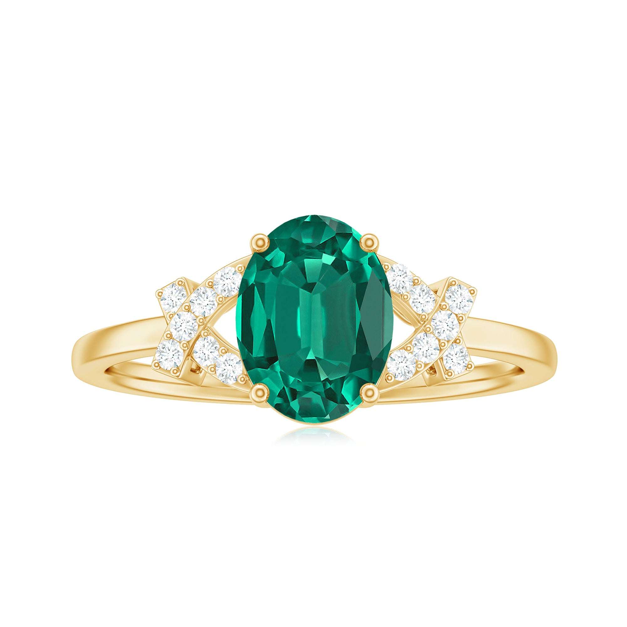1.5 CT Oval Created Emerald Solitaire Split Shank Ring with Diamond Lab Created Emerald - ( AAAA ) - Quality - Rosec Jewels