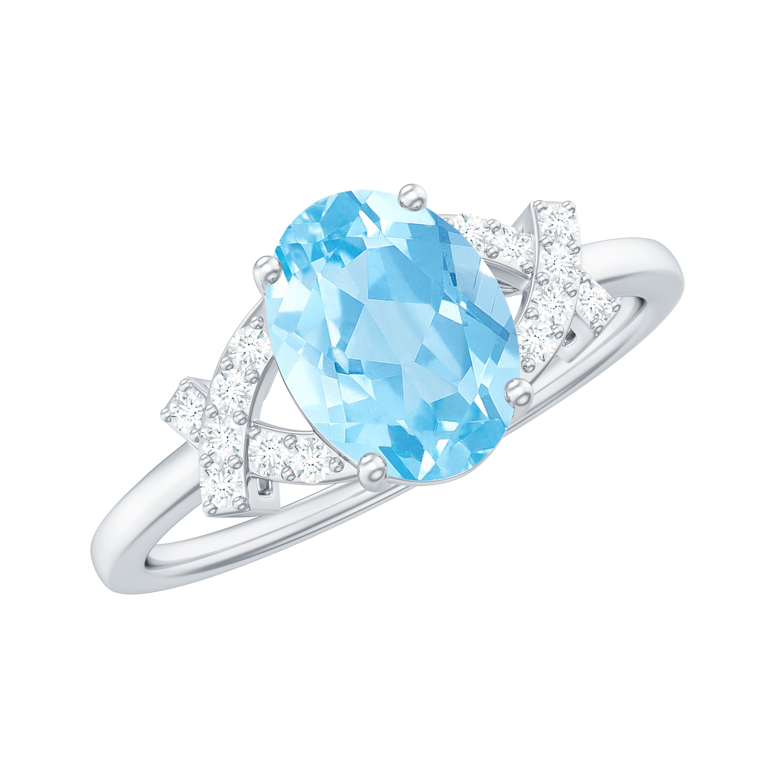 Oval Shape Aquamarine Solitaire Ring with Diamond Aquamarine - ( AAA ) - Quality - Rosec Jewels