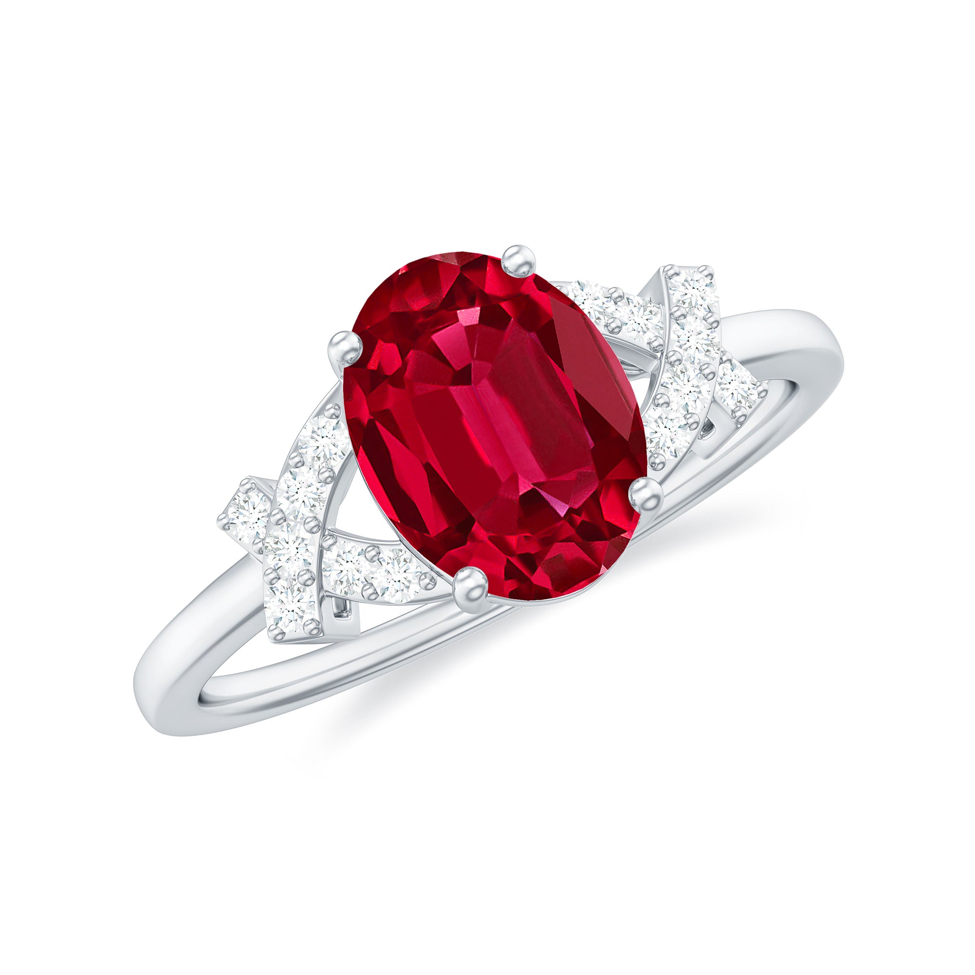 Oval Shape Lab Grown Ruby Solitaire Split Shank Ring with Diamond Lab Created Ruby - ( AAAA ) - Quality - Rosec Jewels