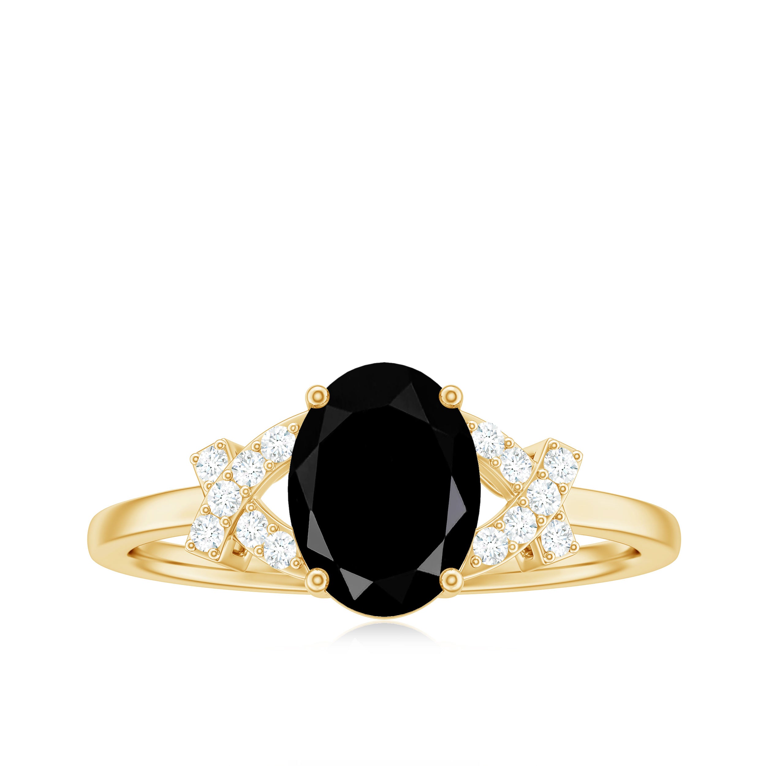 Oval Black Onyx Solitaire Split Shank Ring with Diamonds Black Onyx - ( AAA ) - Quality - Rosec Jewels