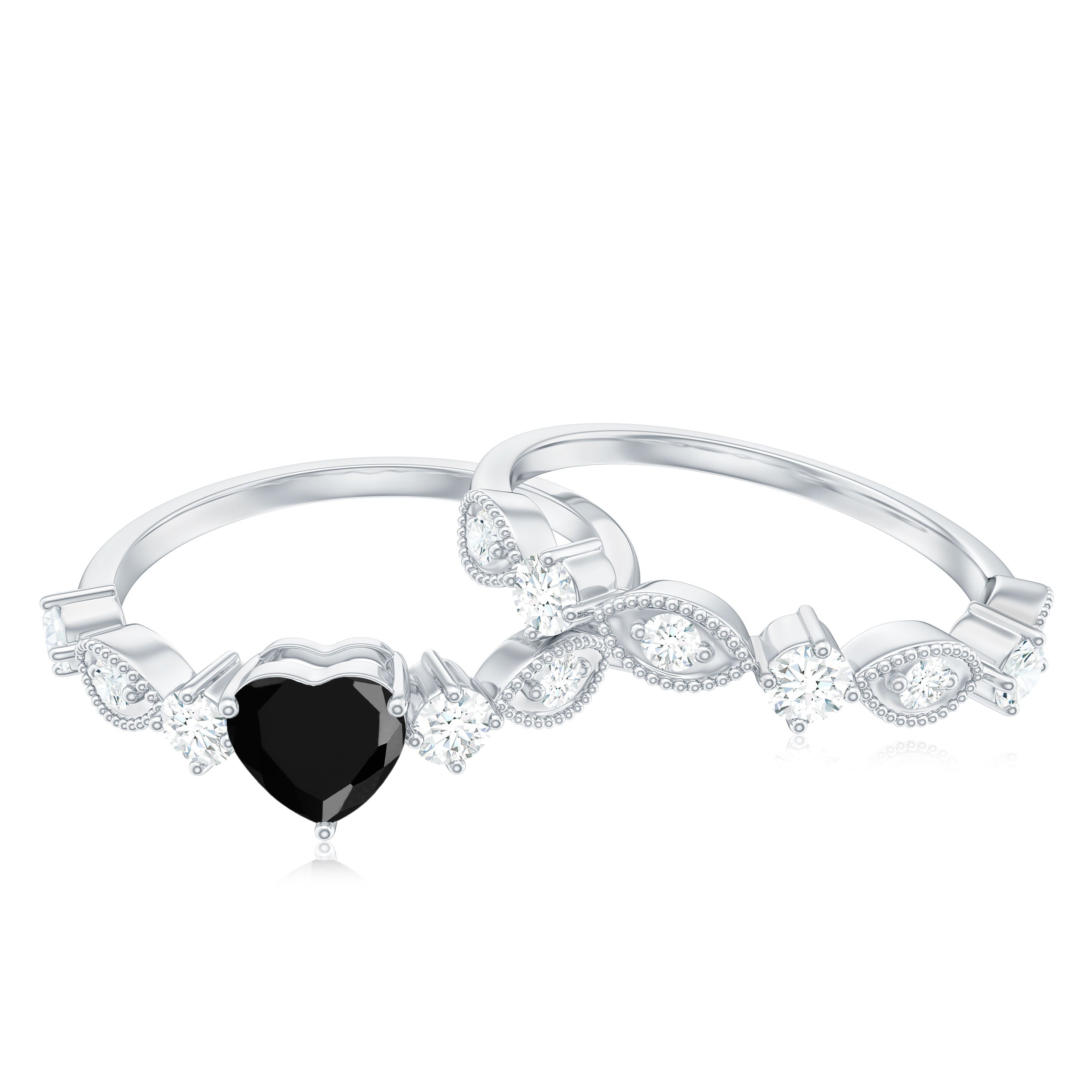 Heart Shape Created Black Diamond Wedding Ring Set with Moissanite Lab Created Black Diamond - ( AAAA ) - Quality - Rosec Jewels