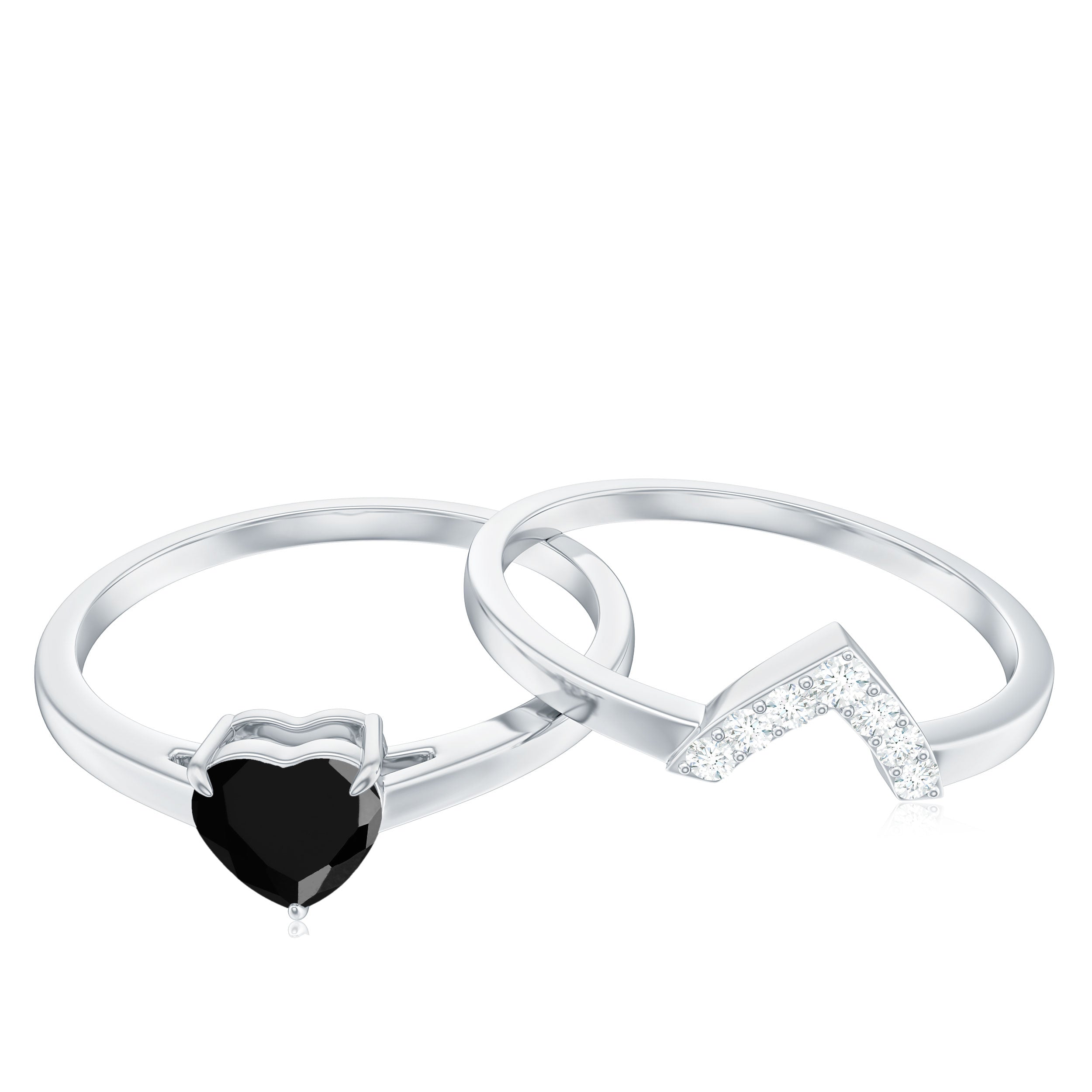 Heart Created Black Diamond Solitaire Ring Set with Diamond Lab Created Black Diamond - ( AAAA ) - Quality - Rosec Jewels