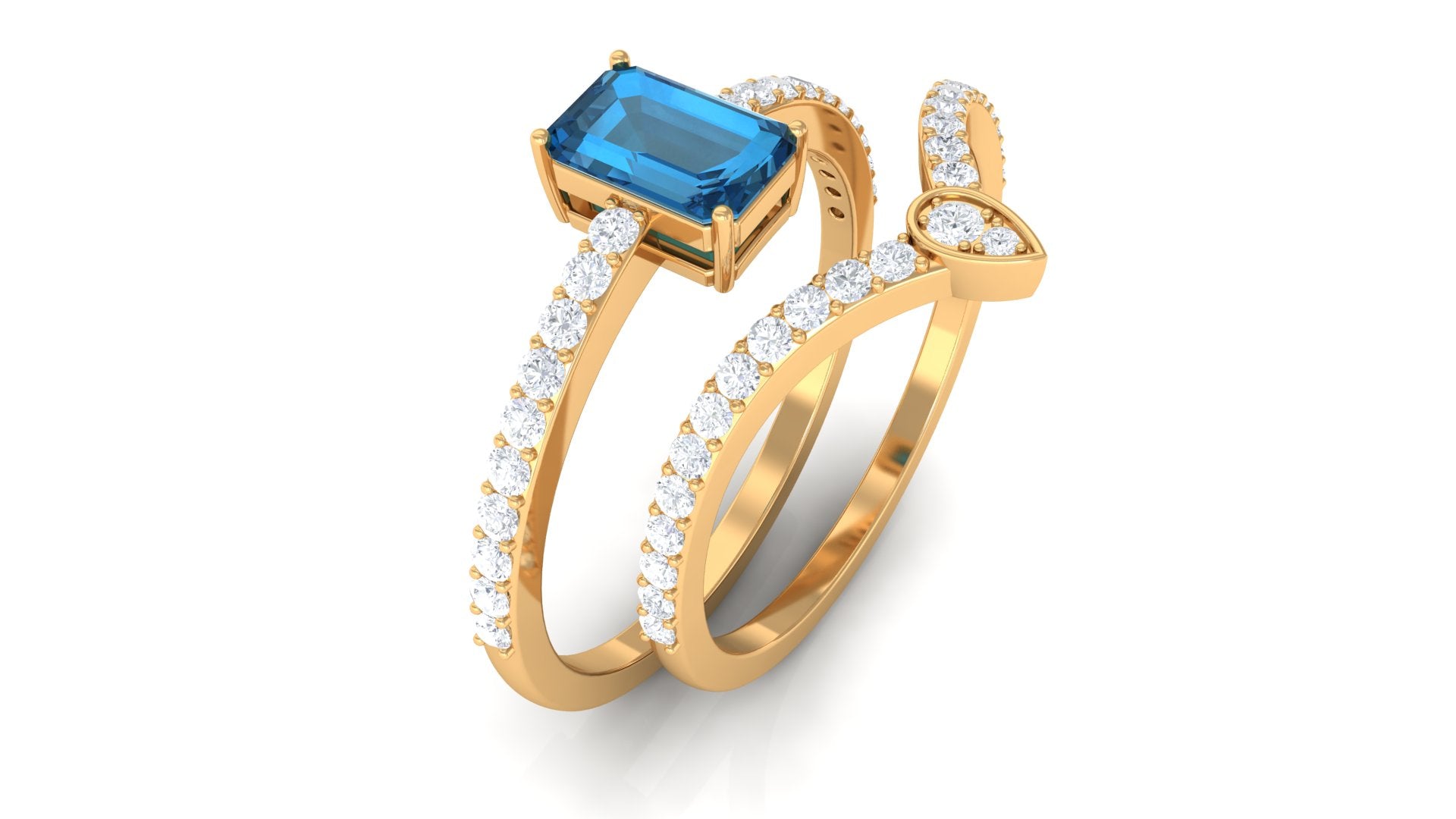 Emerald Cut London Blue Topaz Solitaire Ring Set with Diamond Stackable Band London Blue Topaz - ( AAA ) - Quality - Rosec Jewels