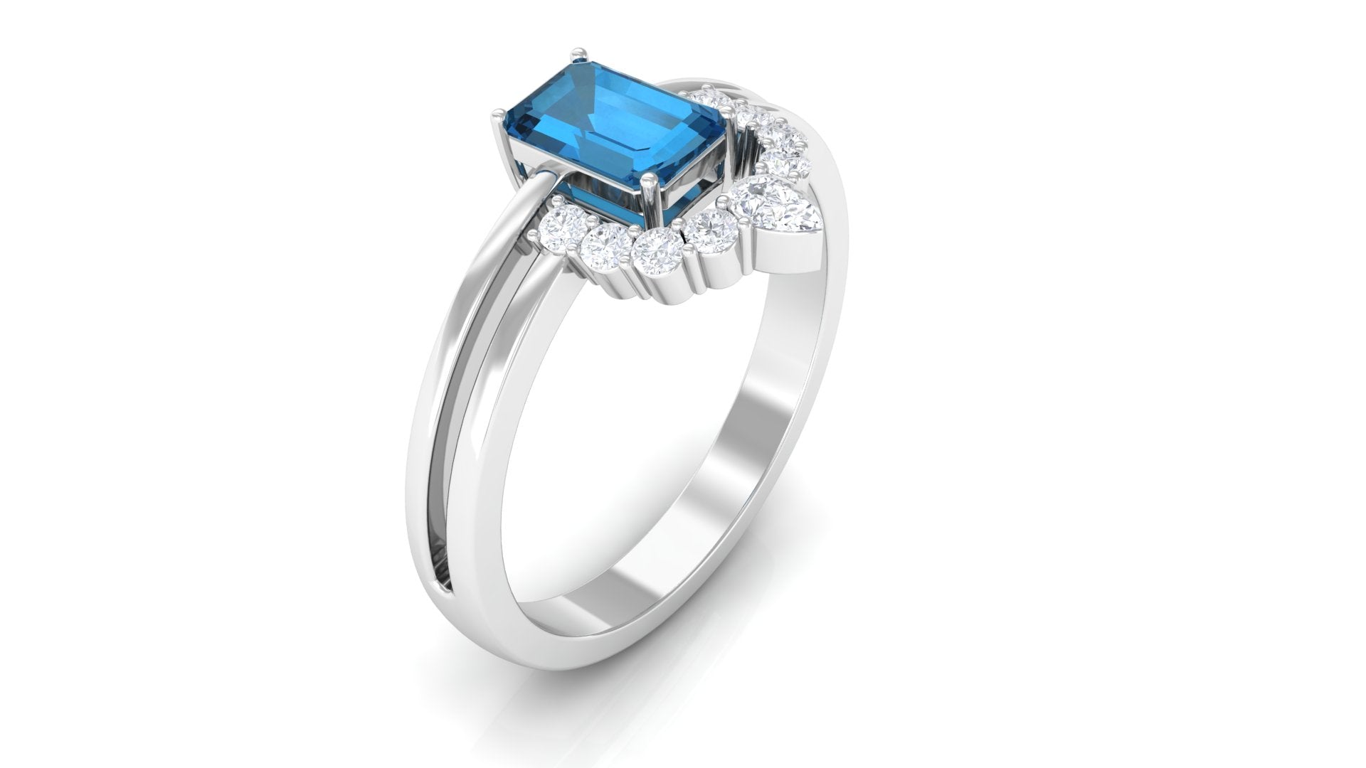 London Blue Topaz Double Band Ring with Diamond London Blue Topaz - ( AAA ) - Quality - Rosec Jewels