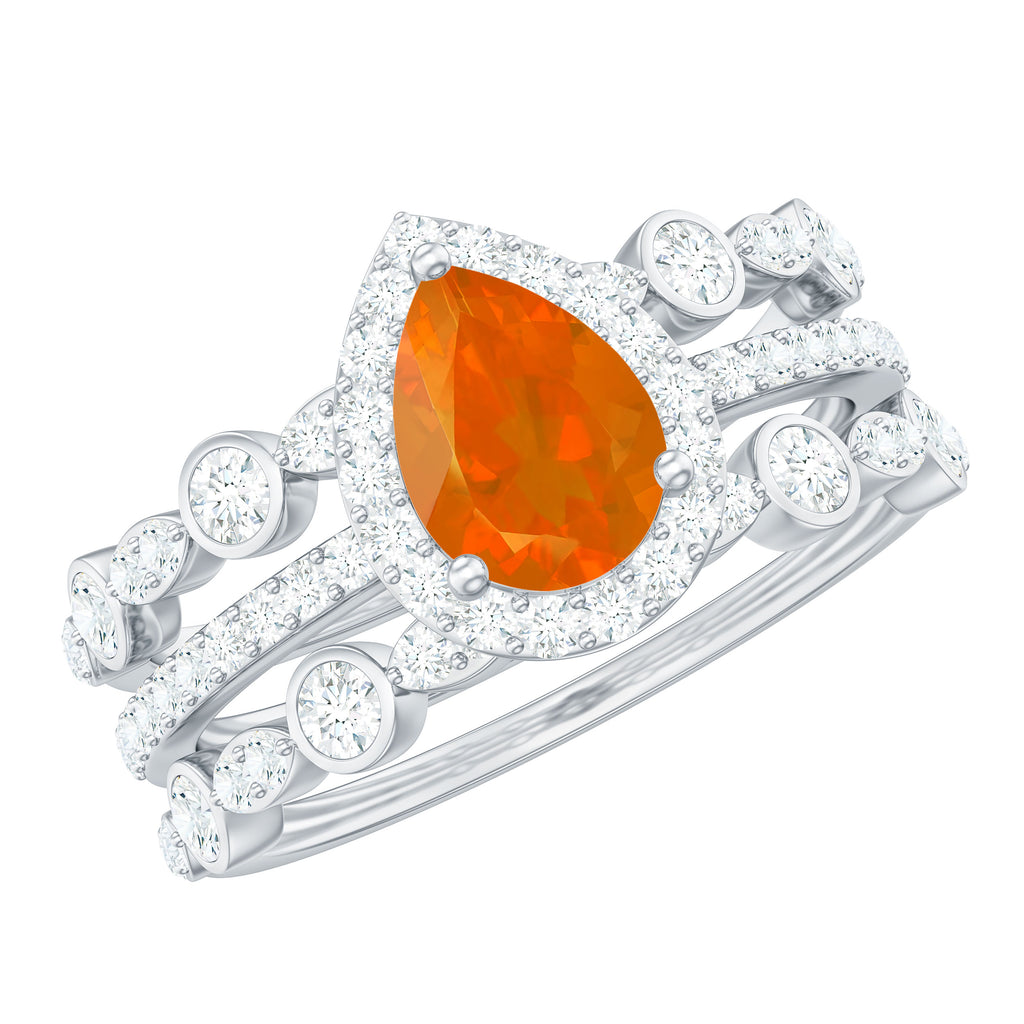 Pear Cut Fire Opal Bridal Trio Ring Set with Moissanite Band Fire Opal - ( AAA ) - Quality - Rosec Jewels
