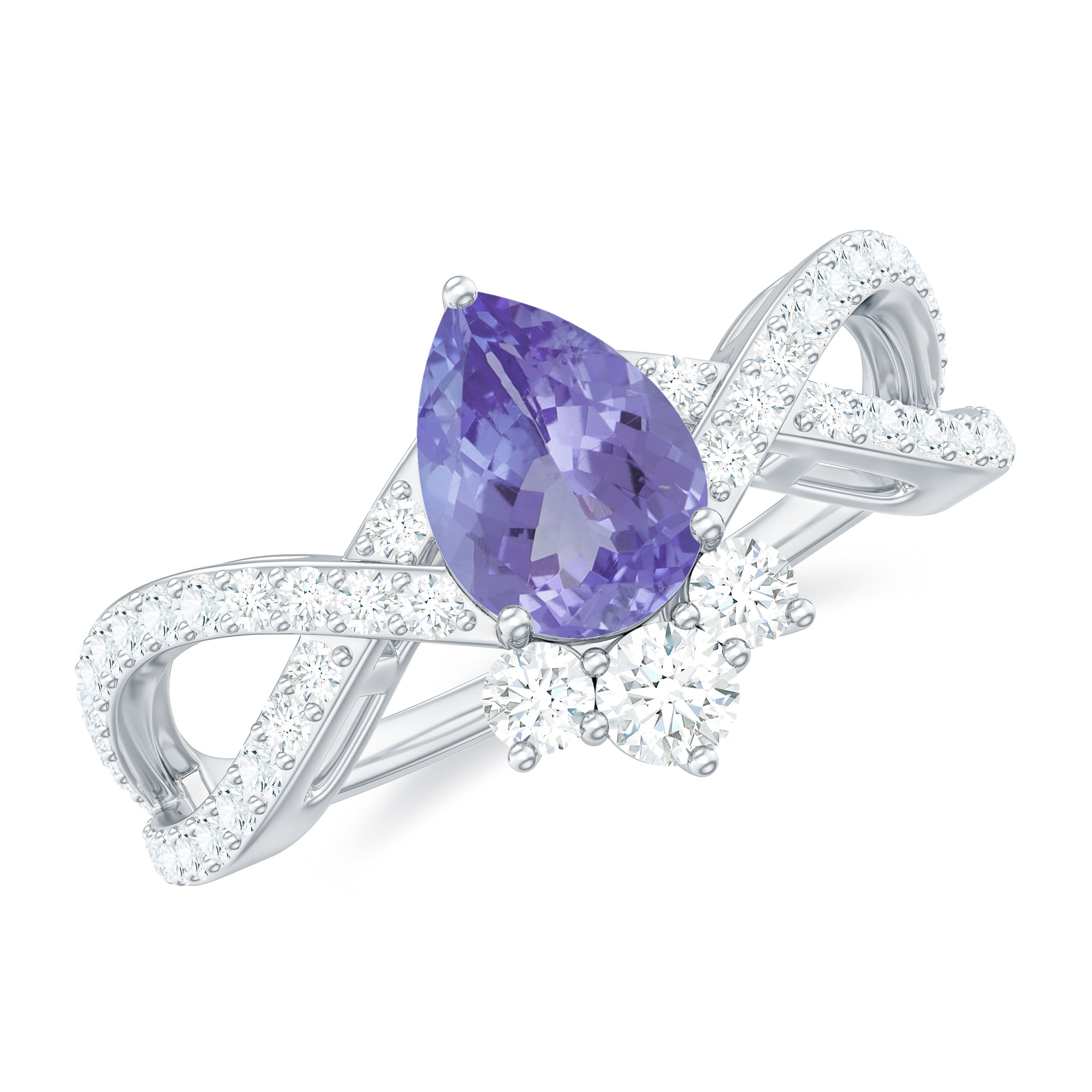 Pear Shape Tanzanite Solitaire Crossover Ring with Diamonds Tanzanite - ( AAA ) - Quality - Rosec Jewels