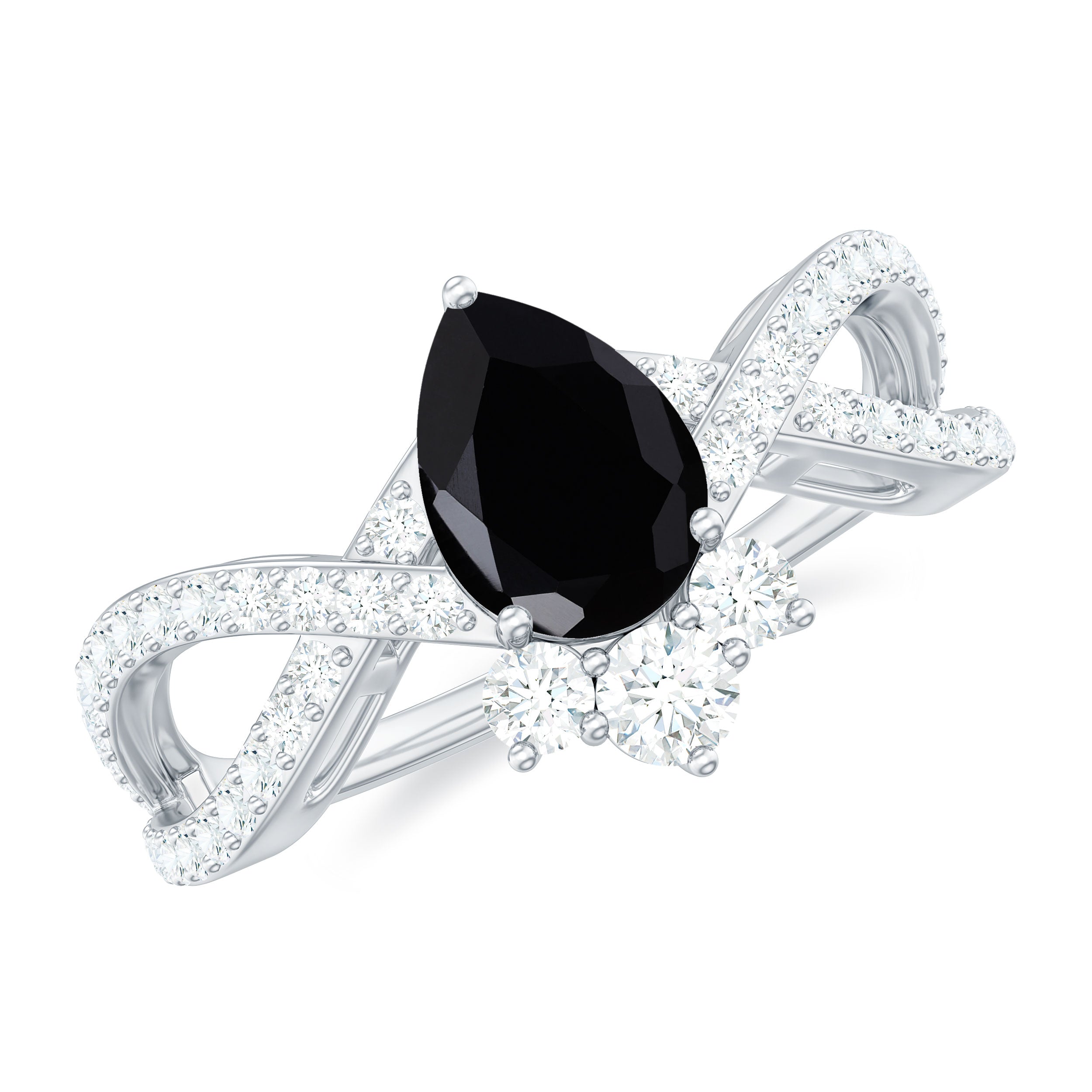 Pear Shape Black Onyx Solitaire Crossover Ring with Diamond Black Onyx - ( AAA ) - Quality - Rosec Jewels
