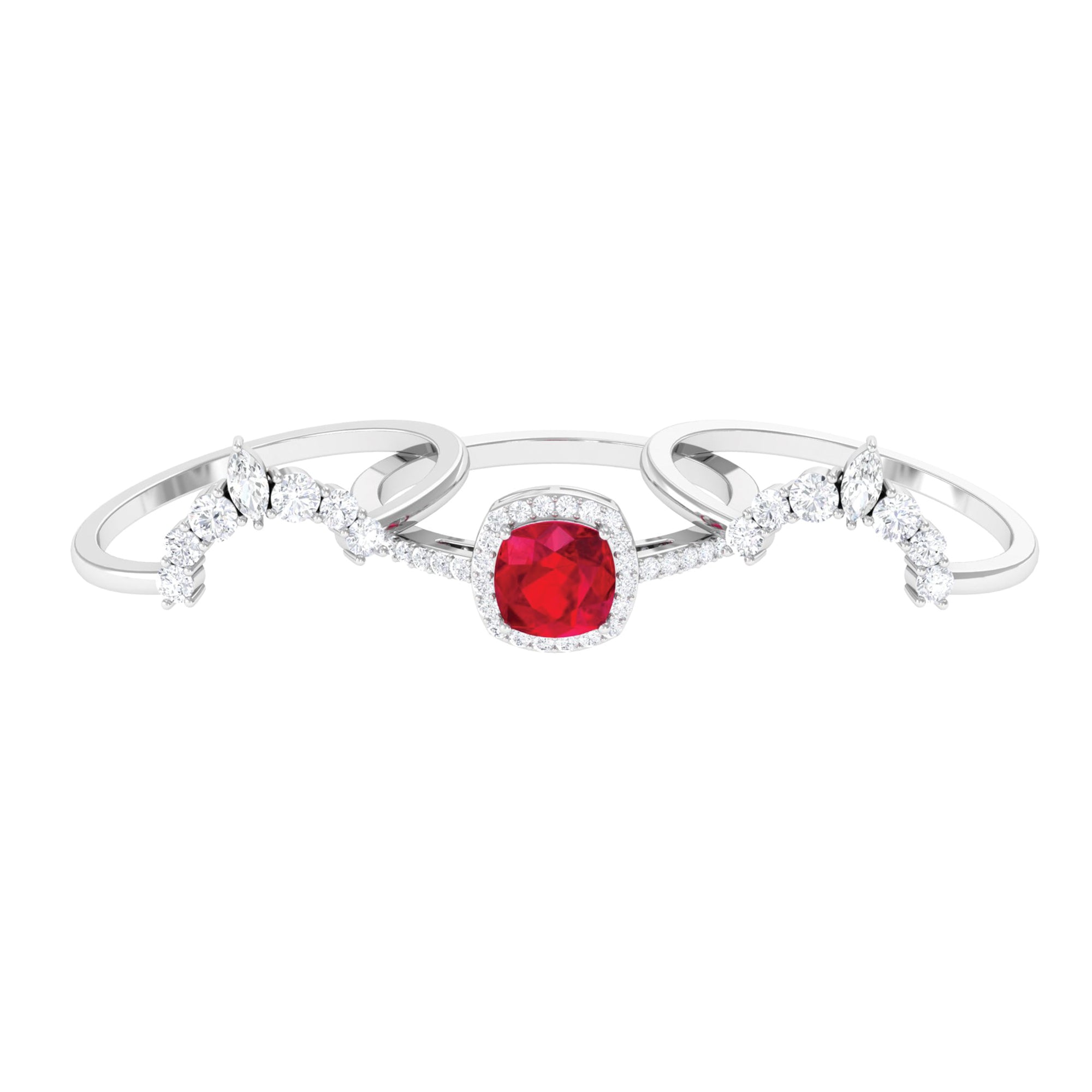 Cushion Cut Created Ruby Trio Wedding Ring Set with Moissanite Lab Created Ruby - ( AAAA ) - Quality - Rosec Jewels