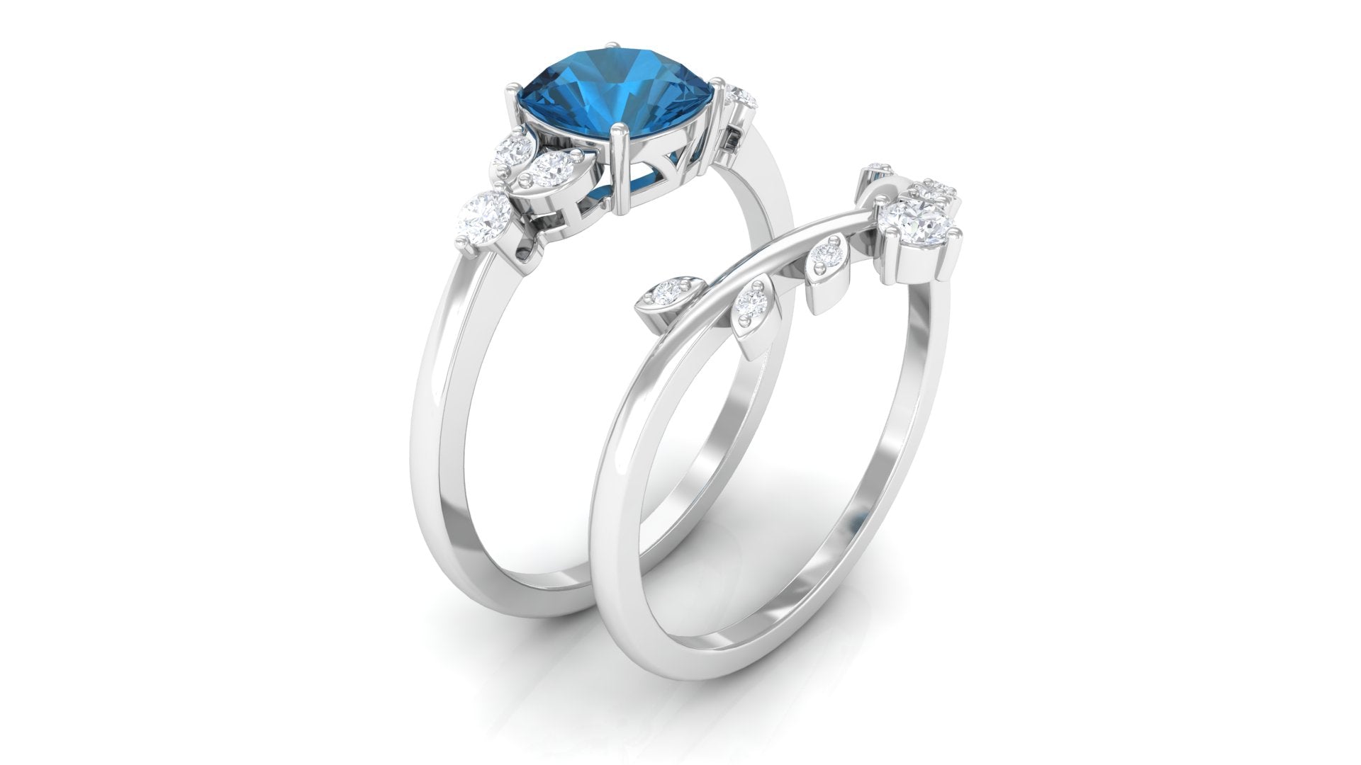 London Blue Topaz and Diamond Ring Set with Leaf Motif London Blue Topaz - ( AAA ) - Quality - Rosec Jewels
