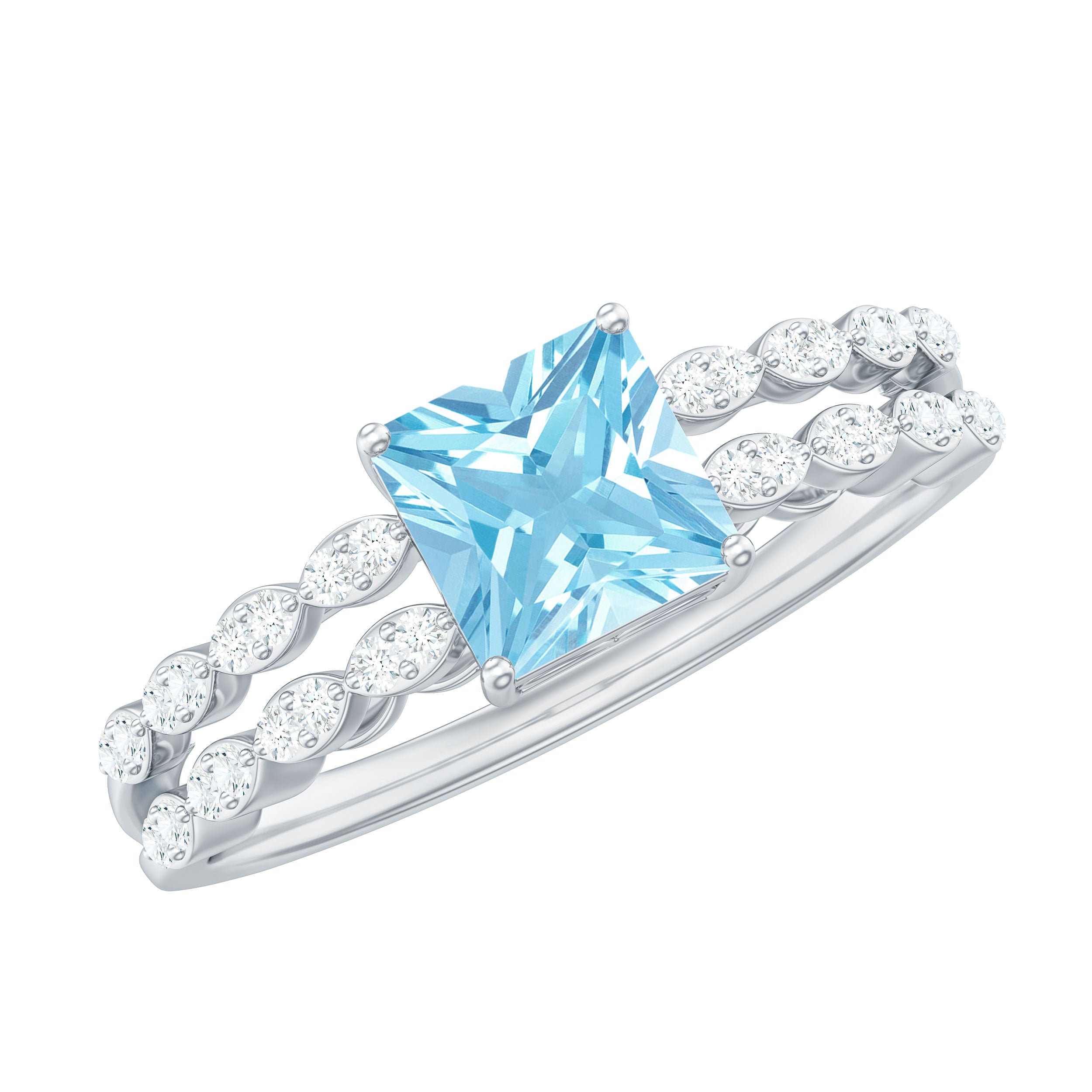 Princess Cut Aquamarine Solitaire Double Band Ring with Diamond Aquamarine - ( AAA ) - Quality - Rosec Jewels