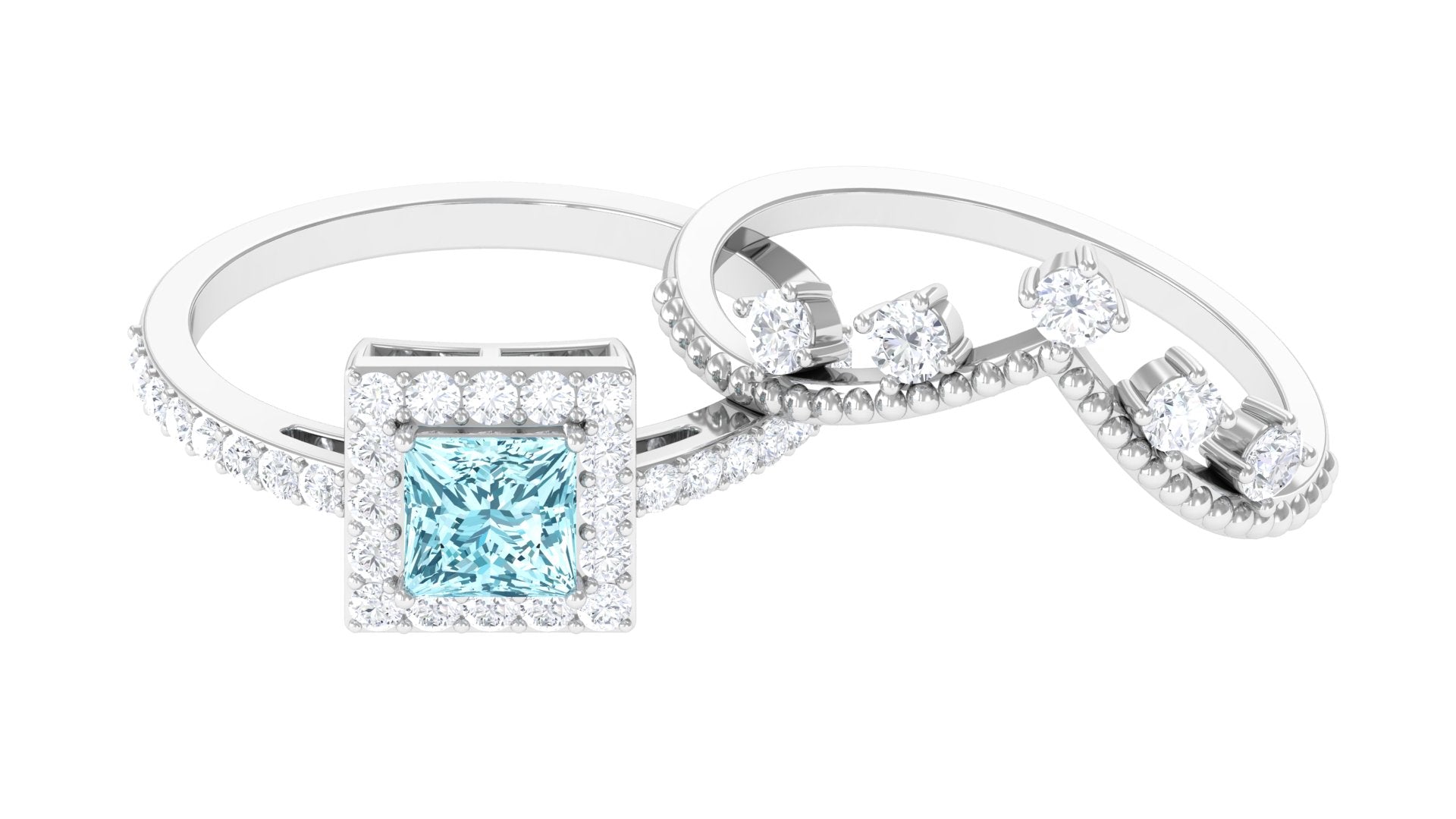 Princess Cut Aquamarine and Moissanite Bridal Ring Set with Beaded Details Aquamarine - ( AAA ) - Quality - Rosec Jewels