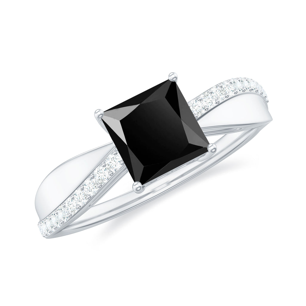Princess Cut Black Onyx Solitaire Ring with Diamond Black Onyx - ( AAA ) - Quality - Rosec Jewels