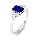 Emerald Cut Blue Sapphire Solitaire Ring with Diamond Trio Blue Sapphire - ( AAA ) - Quality - Rosec Jewels