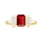 Designer Emerald Cut Lab Grown Ruby Solitaire Ring with Diamond Lab Created Ruby - ( AAAA ) - Quality - Rosec Jewels