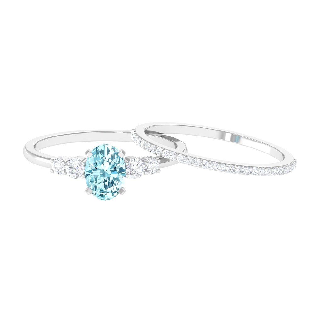 Oval Aquamarine Solitaire Ring Set with Diamond Aquamarine - ( AAA ) - Quality - Rosec Jewels