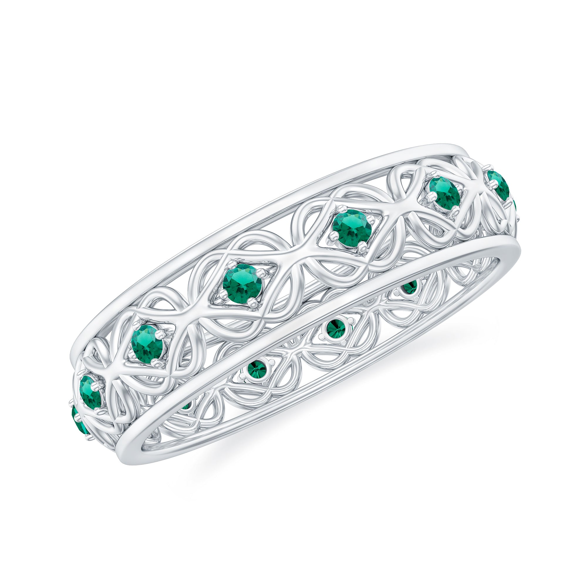 Vintage Inspired Created Emerald Celtic Knot Full Eternity Band Ring in Gold Lab Created Emerald - ( AAAA ) - Quality - Rosec Jewels