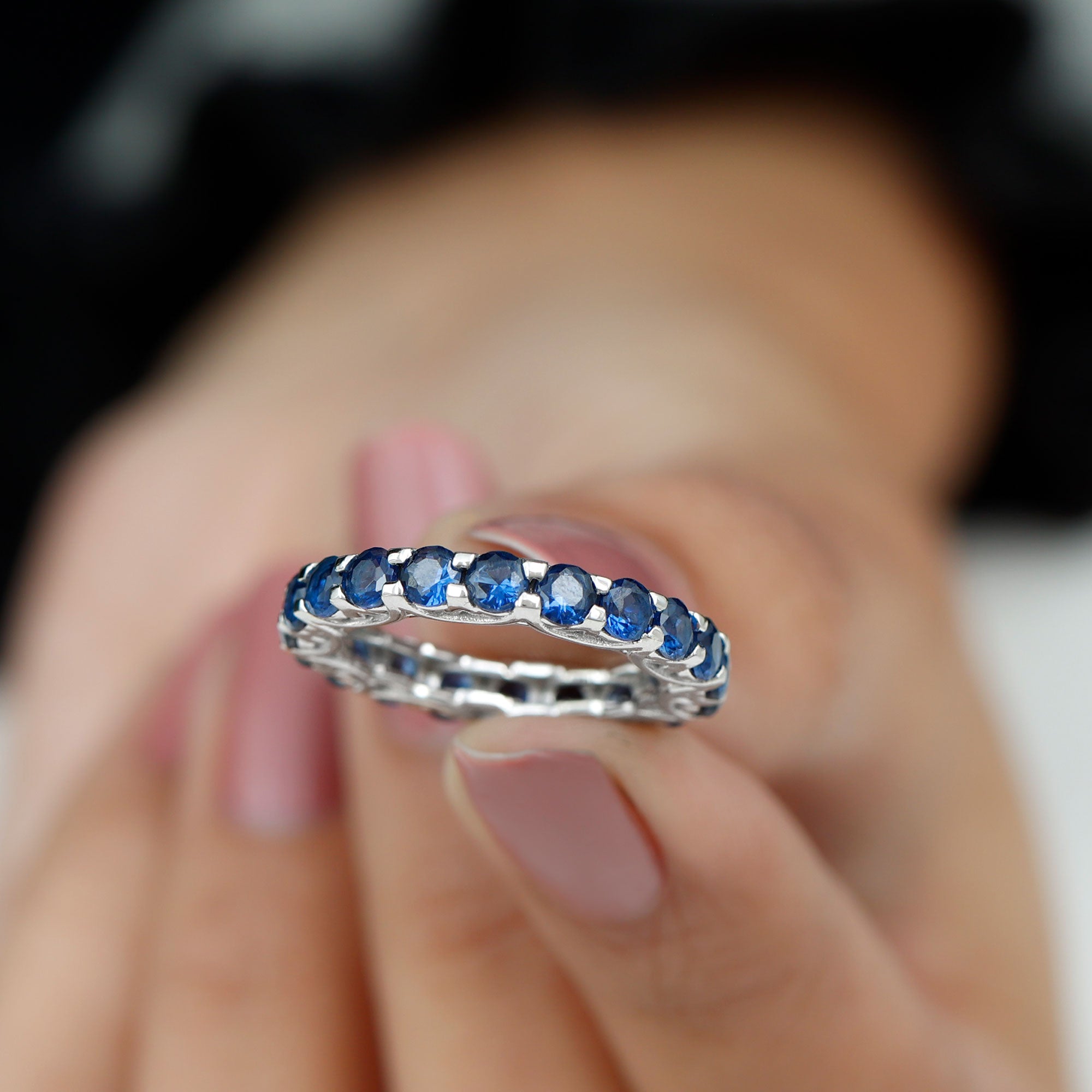 Round Lab Grown Blue Sapphire Full Eternity Band Ring Lab Created Blue Sapphire - ( AAAA ) - Quality - Rosec Jewels