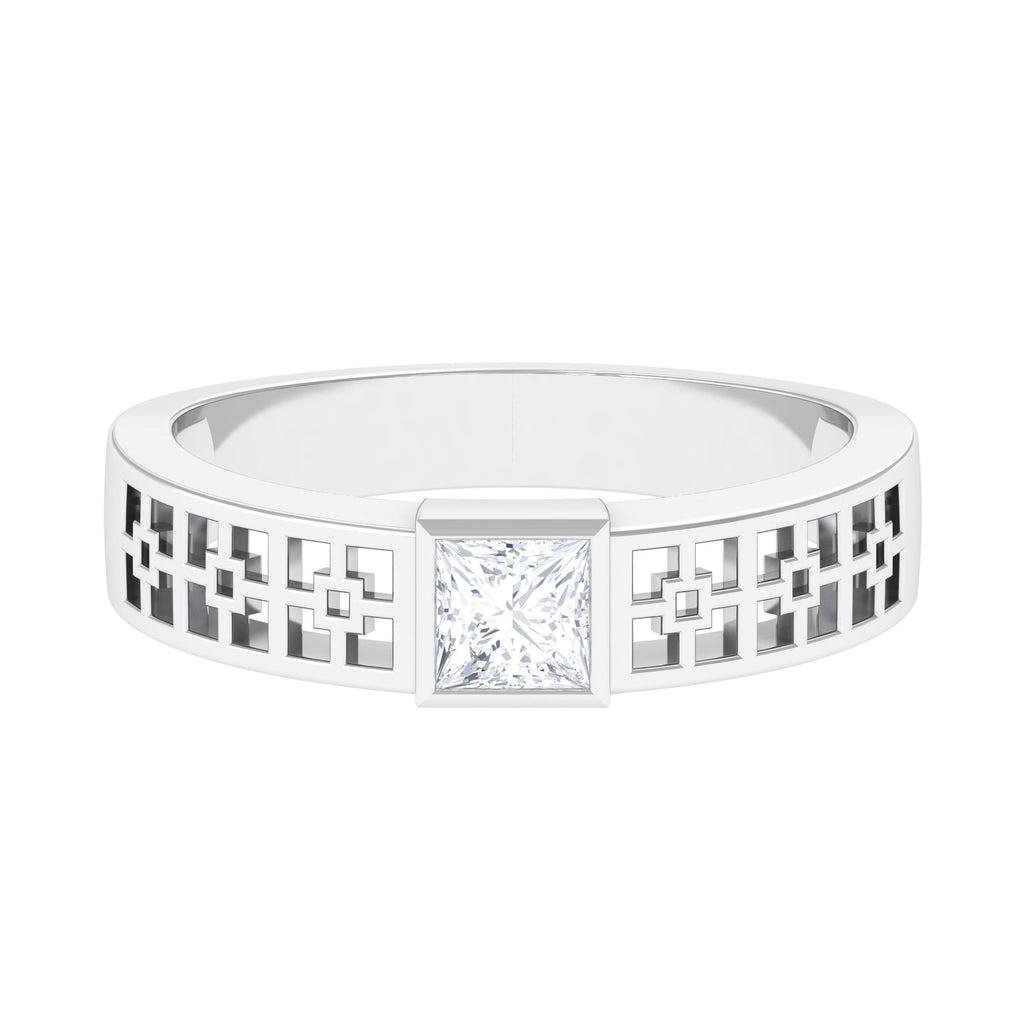 Princess Cut Moissanite Engagement Ring in Bezel Setting Moissanite - ( D-VS1 ) - Color and Clarity - Rosec Jewels