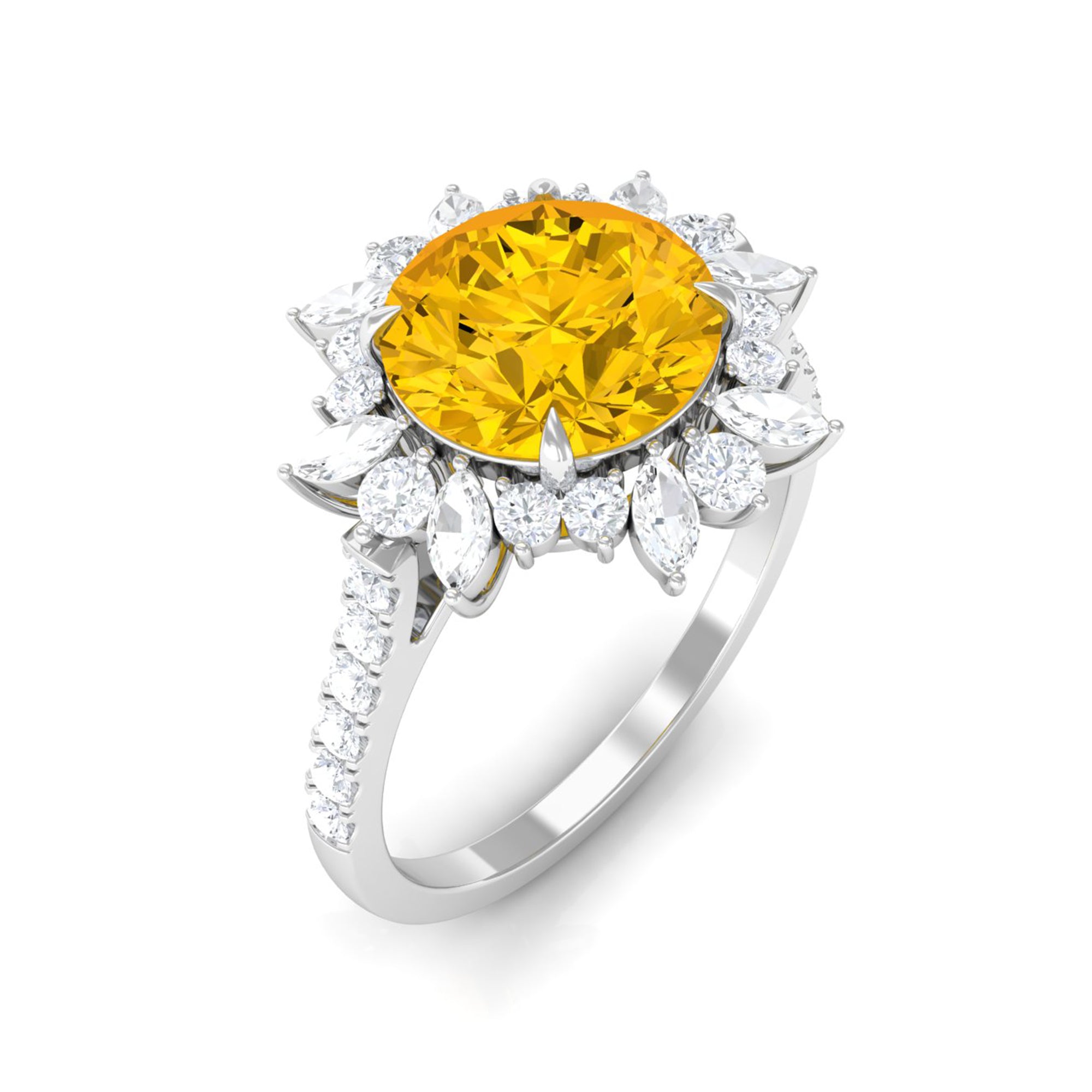 Created Yellow Sapphire Floral Engagement Ring with Moissanite Lab Created Yellow Sapphire - ( AAAA ) - Quality - Rosec Jewels