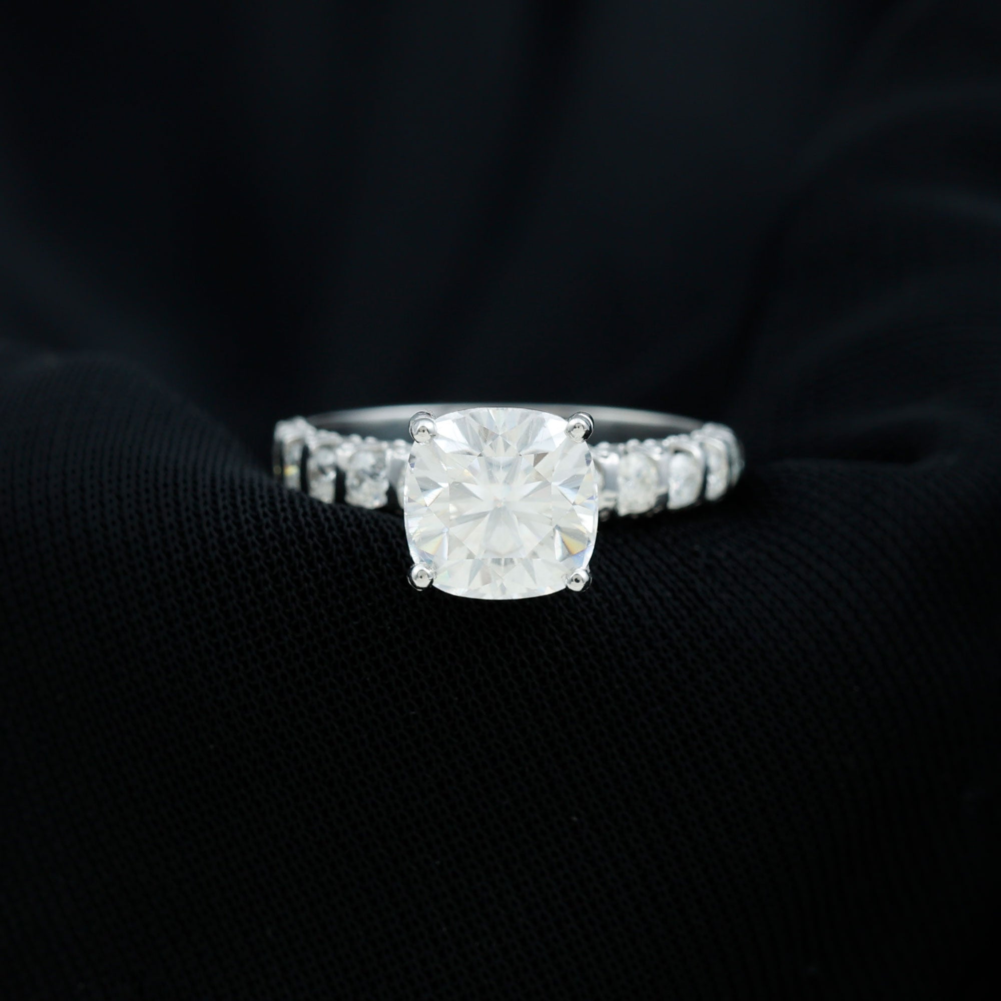Cushion Cut Zircon Engagement Ring with Side Stones Zircon - ( AAAA ) - Quality - Rosec Jewels