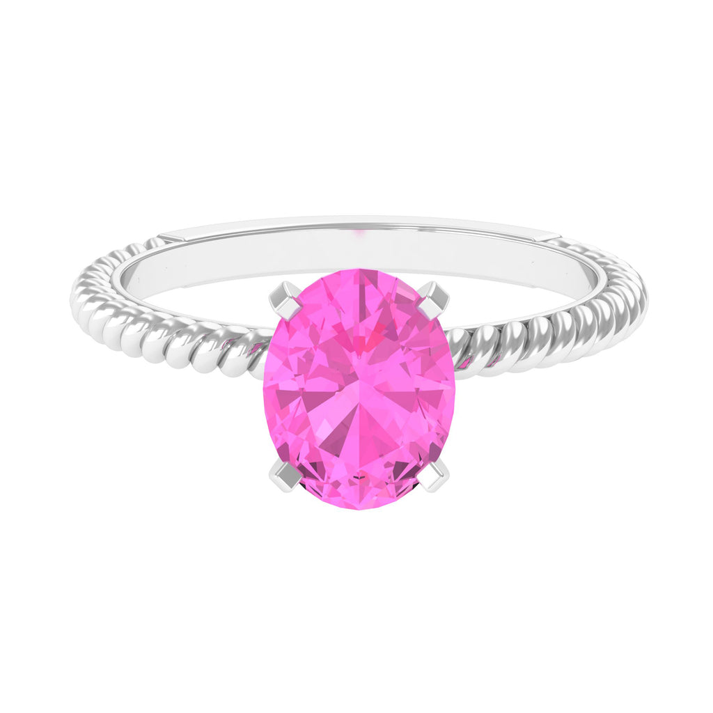 Twisted Rope Created Pink Sapphire Solitaire Ring with Surprise Diamond Lab Created Pink Sapphire - ( AAAA ) - Quality - Rosec Jewels