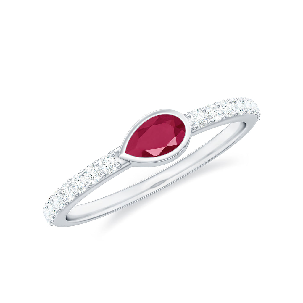 Pear Ruby East West Promise Ring with Diamond Ruby - ( AAA ) - Quality - Rosec Jewels