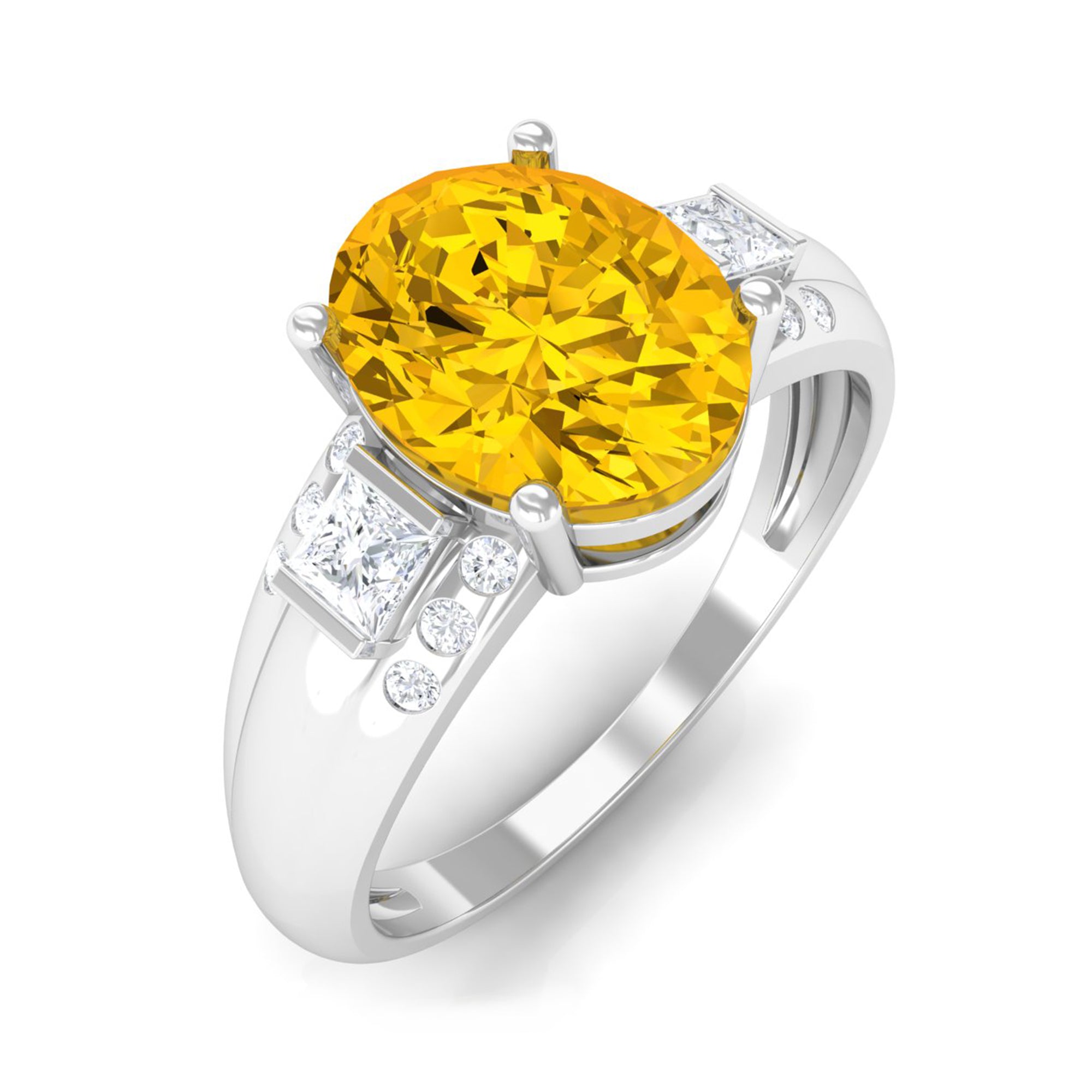 Oval Created Yellow Sapphire Solitaire Engagement Ring with Diamond Lab Created Yellow Sapphire - ( AAAA ) - Quality - Rosec Jewels