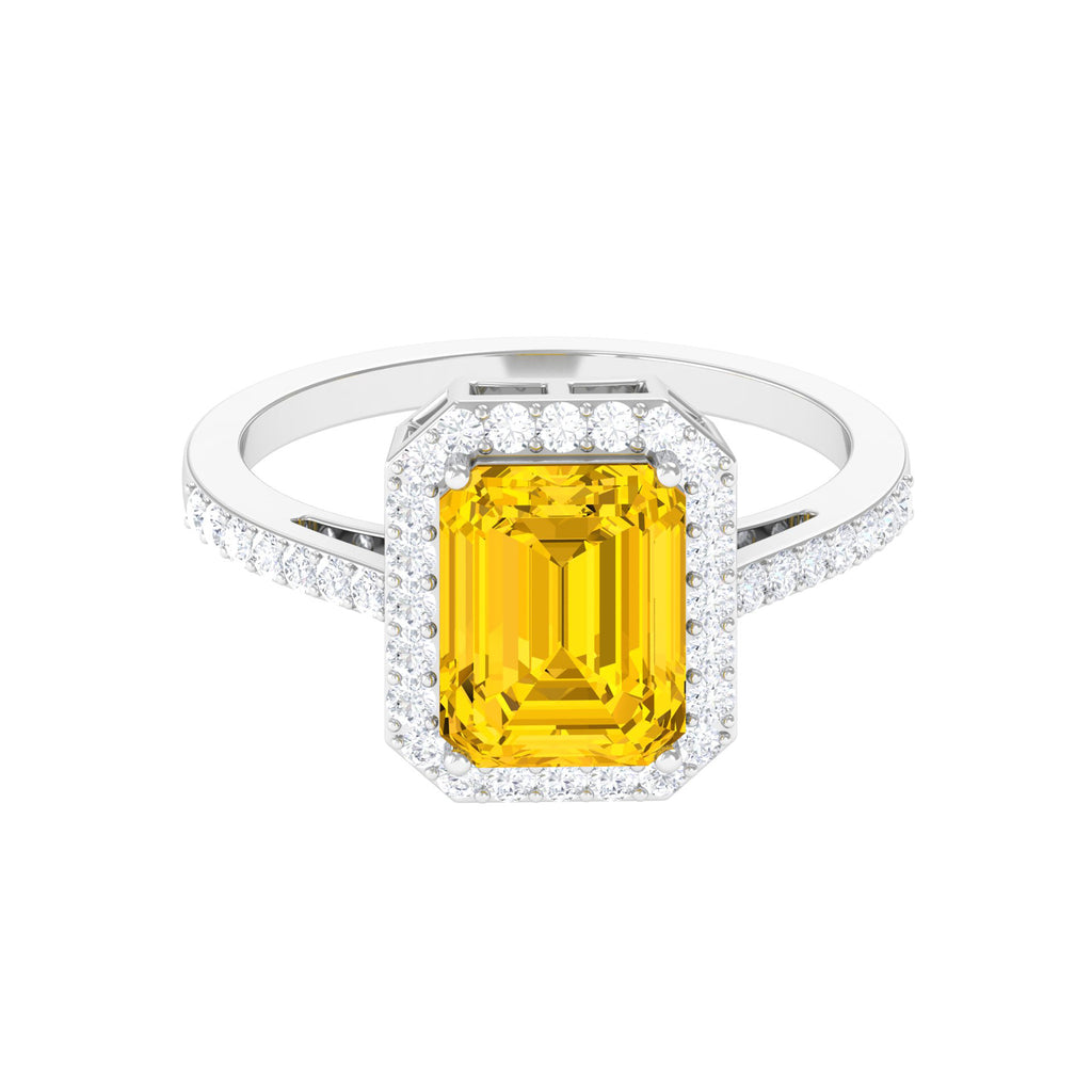 Lab Grown Yellow Sapphire Emerald Cut Engagement Ring with Diamond Lab Created Yellow Sapphire - ( AAAA ) - Quality - Rosec Jewels