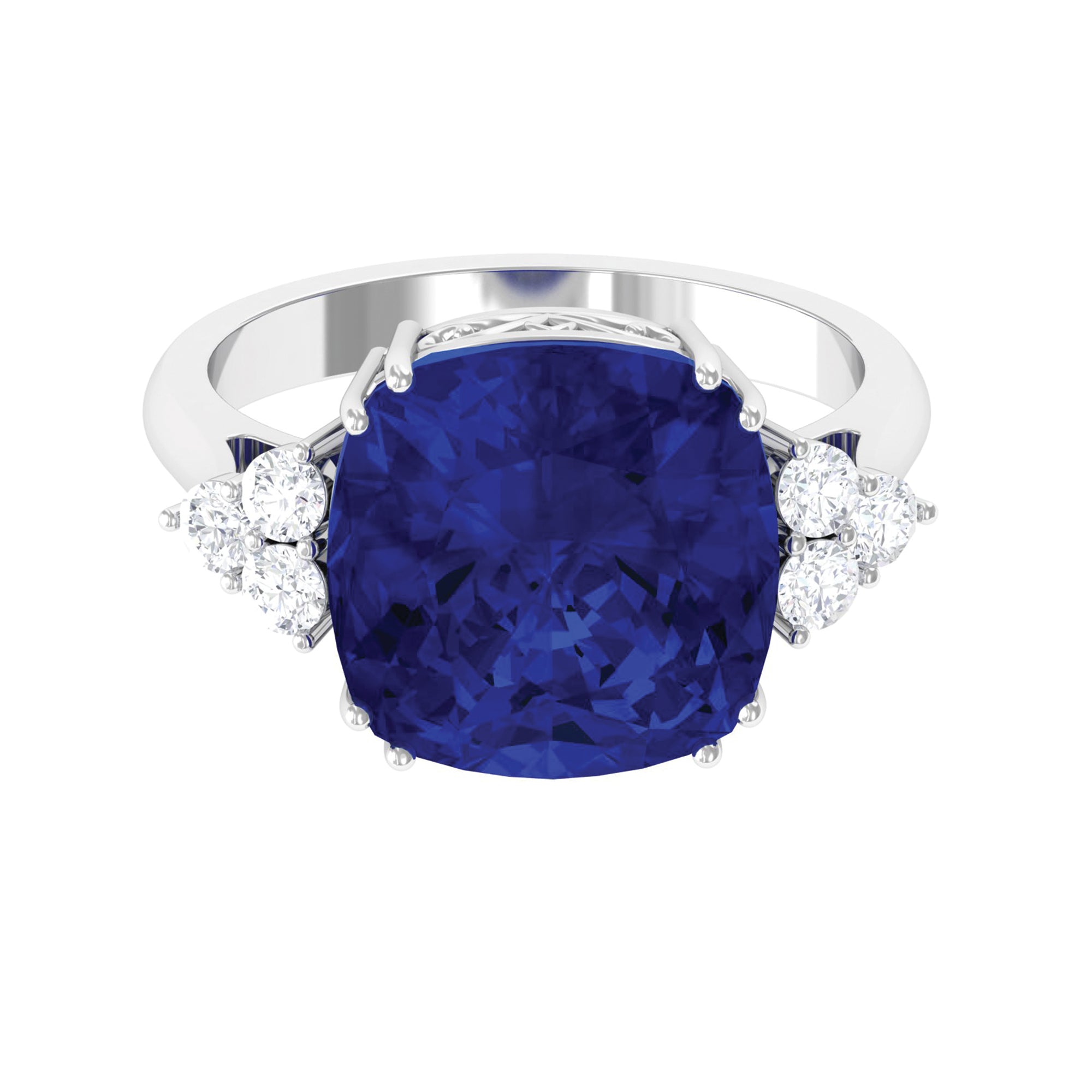 Created Blue Sapphire Solitaire Engagement Ring with Diamond Trio Lab Created Blue Sapphire - ( AAAA ) - Quality - Rosec Jewels