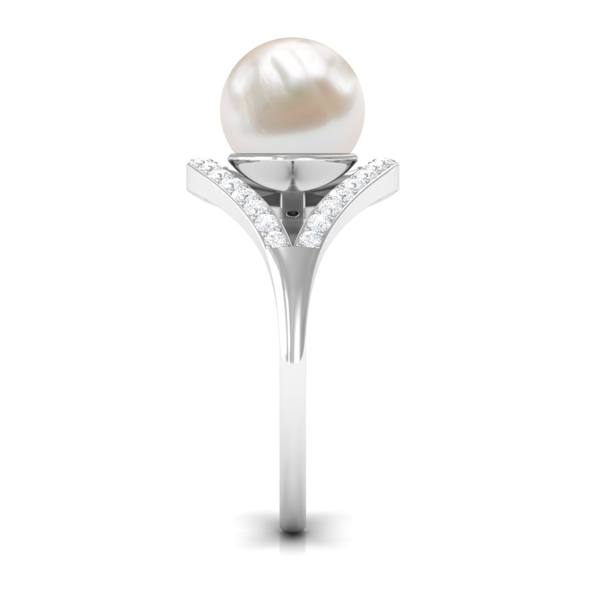 Designer Freshwater Pearl Solitaire and Diamond Ring Freshwater Pearl - ( AAA ) - Quality - Rosec Jewels