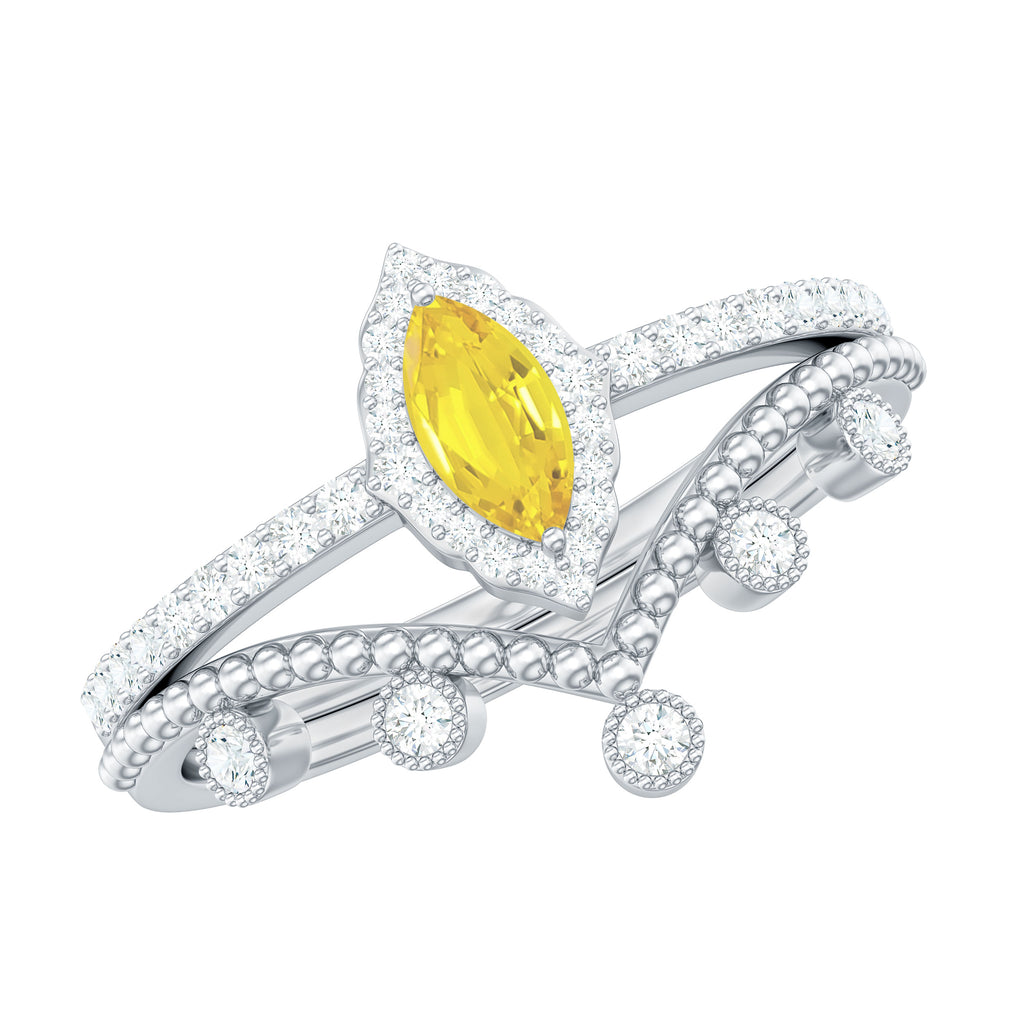 Marquise Cut Created Yellow Sapphire Designer Ring Set with Diamond Lab Created Yellow Sapphire - ( AAAA ) - Quality - Rosec Jewels