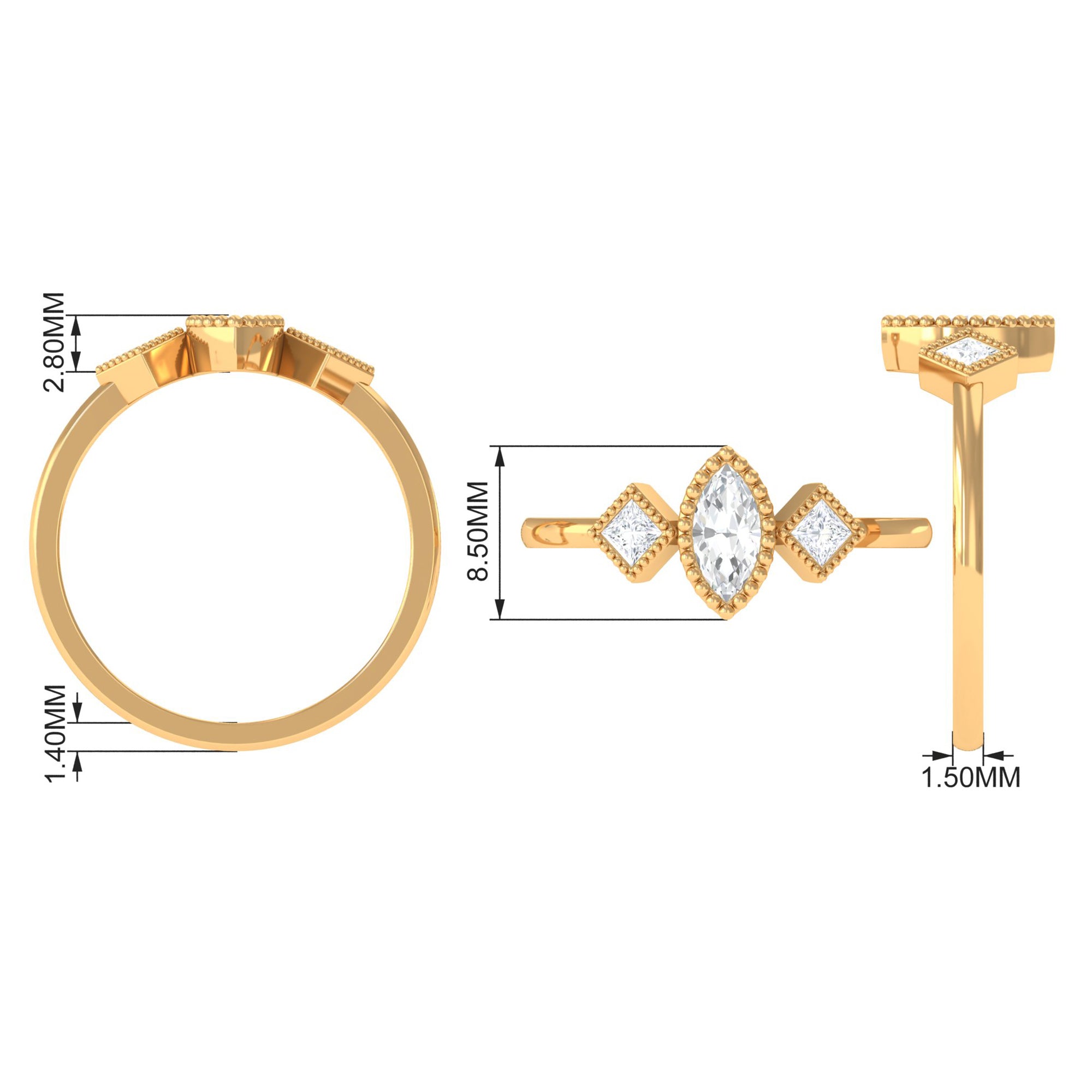 Beaded Bezel Set Zircon Three Stone Engagement Ring Zircon - ( AAAA ) - Quality - Rosec Jewels