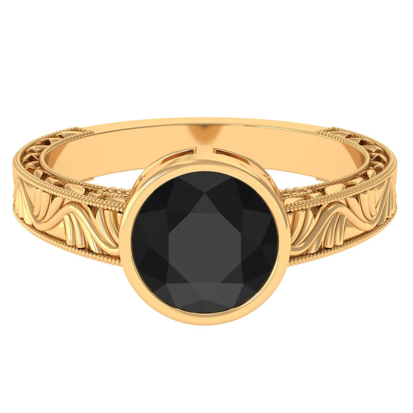 Bezel Set Lab Grown Black Diamond Solitaire Ring with Engraved Detailing Lab Created Black Diamond - ( AAAA ) - Quality - Rosec Jewels