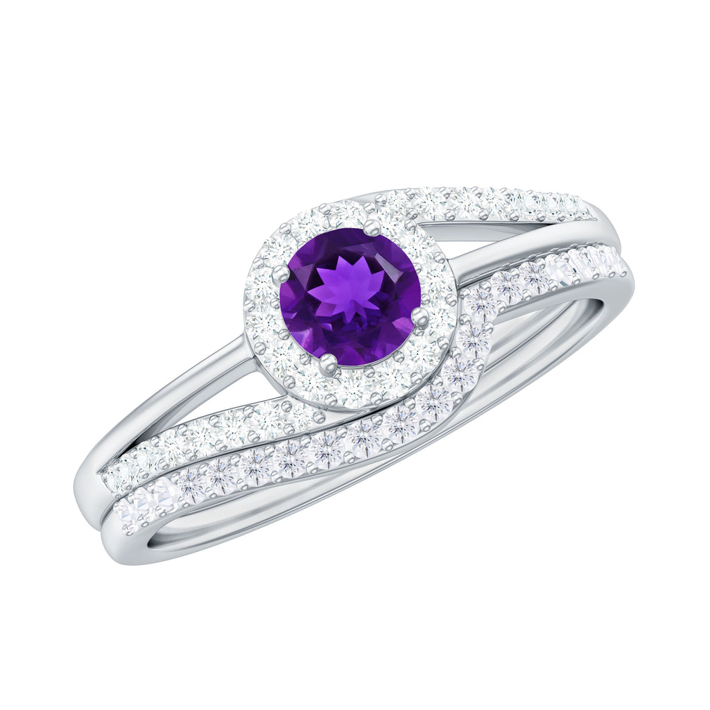 Natural Amethyst and Diamond Minimal Bridal Ring Set Amethyst - ( AAA ) - Quality - Rosec Jewels
