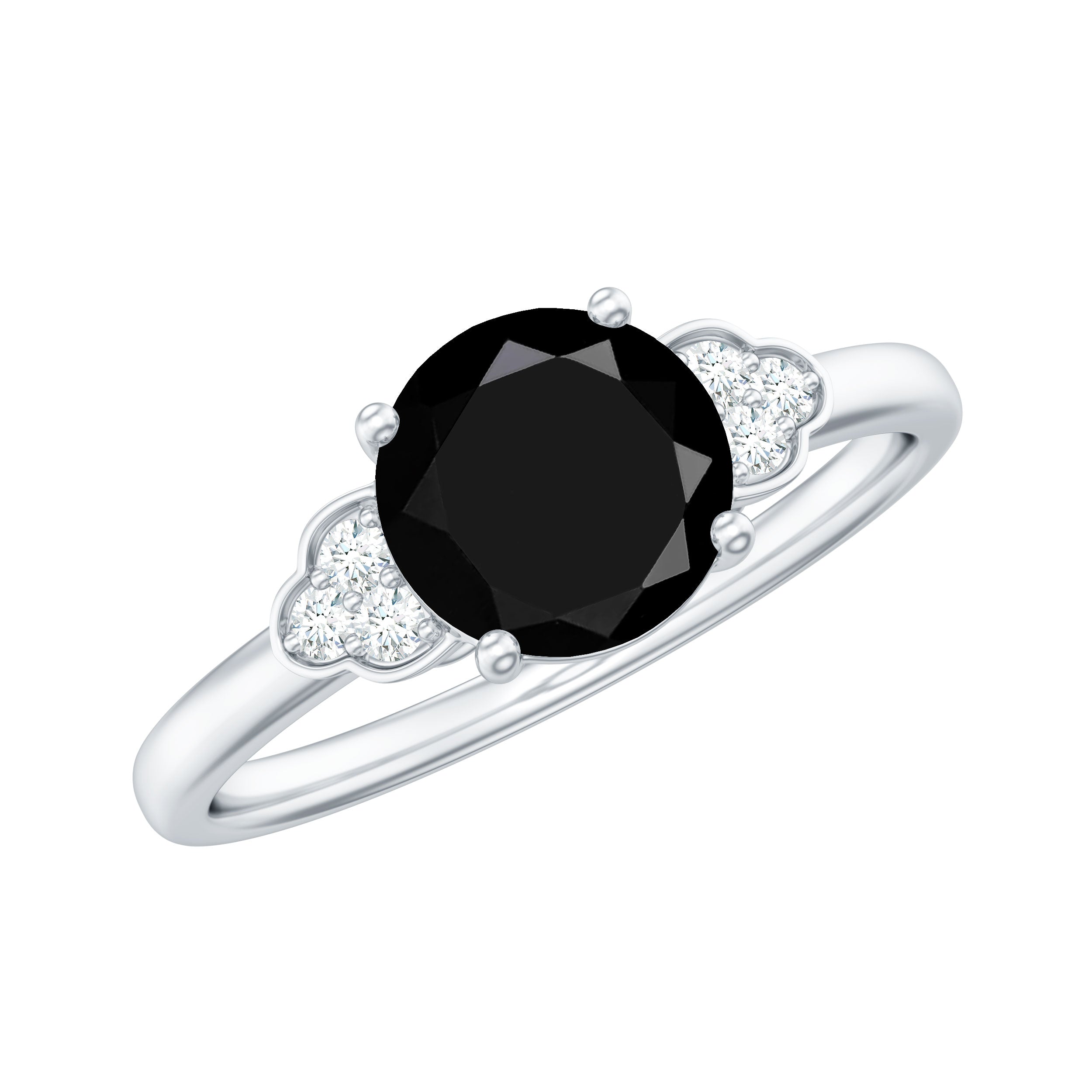 Real Black Onyx Solitaire Engagement Ring with Diamond Trio Black Onyx - ( AAA ) - Quality - Rosec Jewels