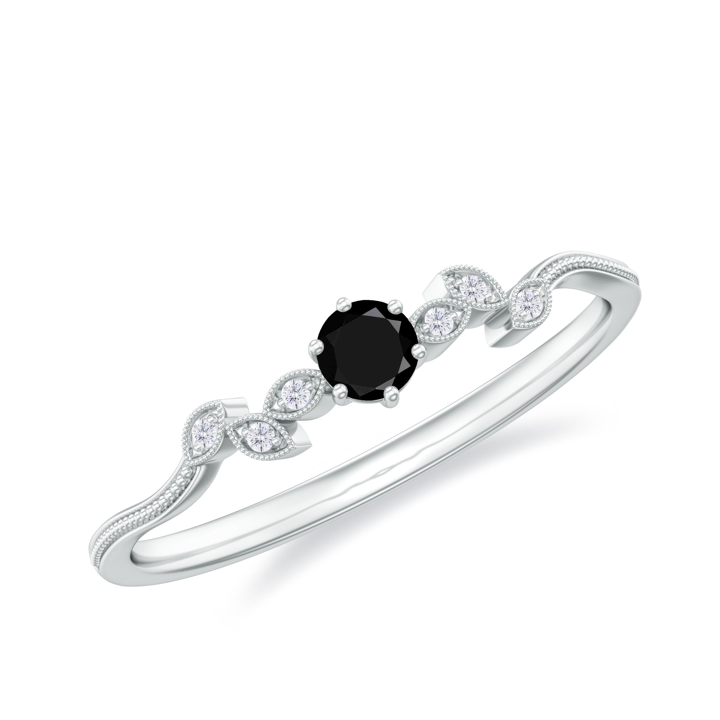 Round Black Onyx Minimal Leaf Promise Ring with Diamond in Gold Black Onyx - ( AAA ) - Quality - Rosec Jewels