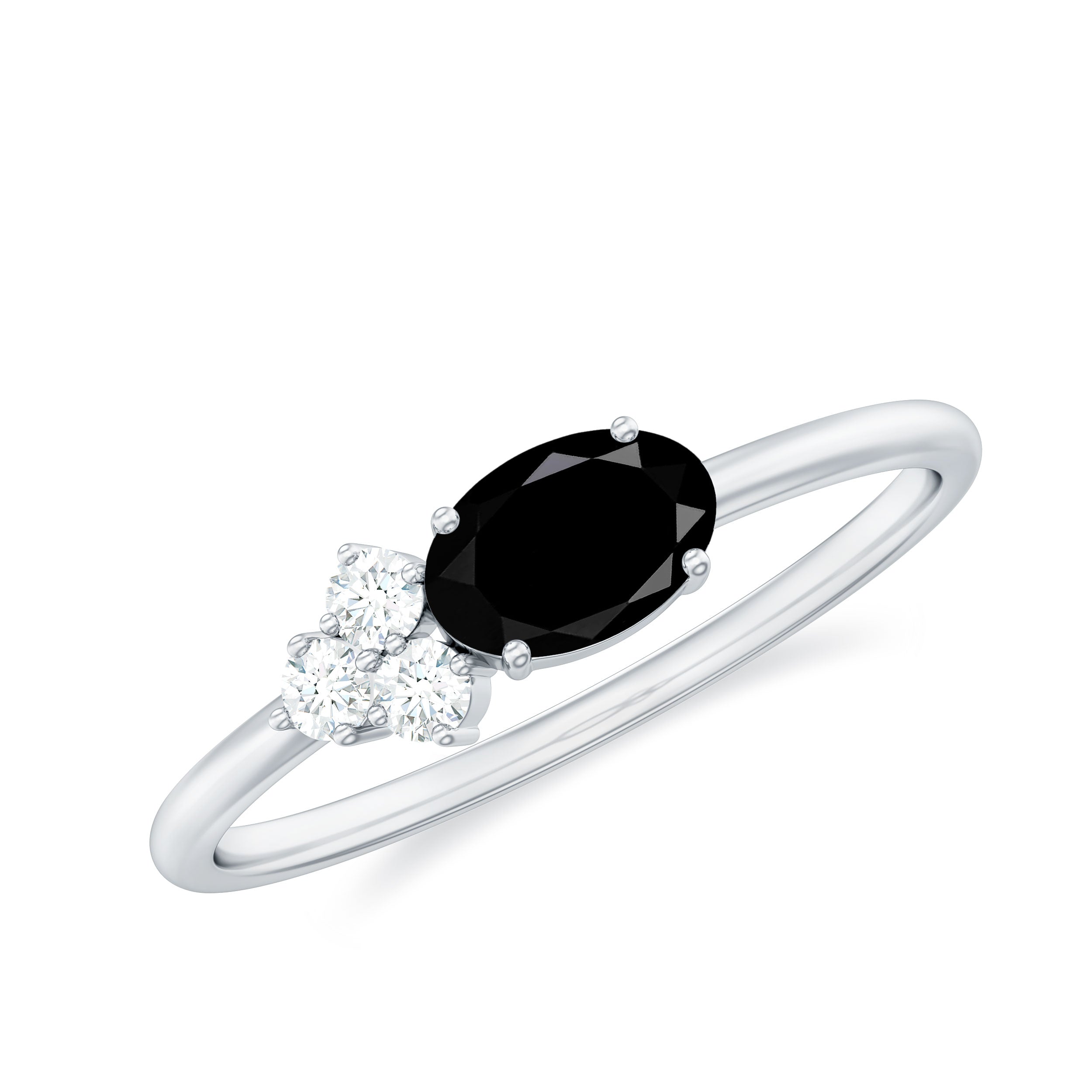 Oval Cut Black Onyx Minimal Ring with Diamond Trio Black Onyx - ( AAA ) - Quality - Rosec Jewels