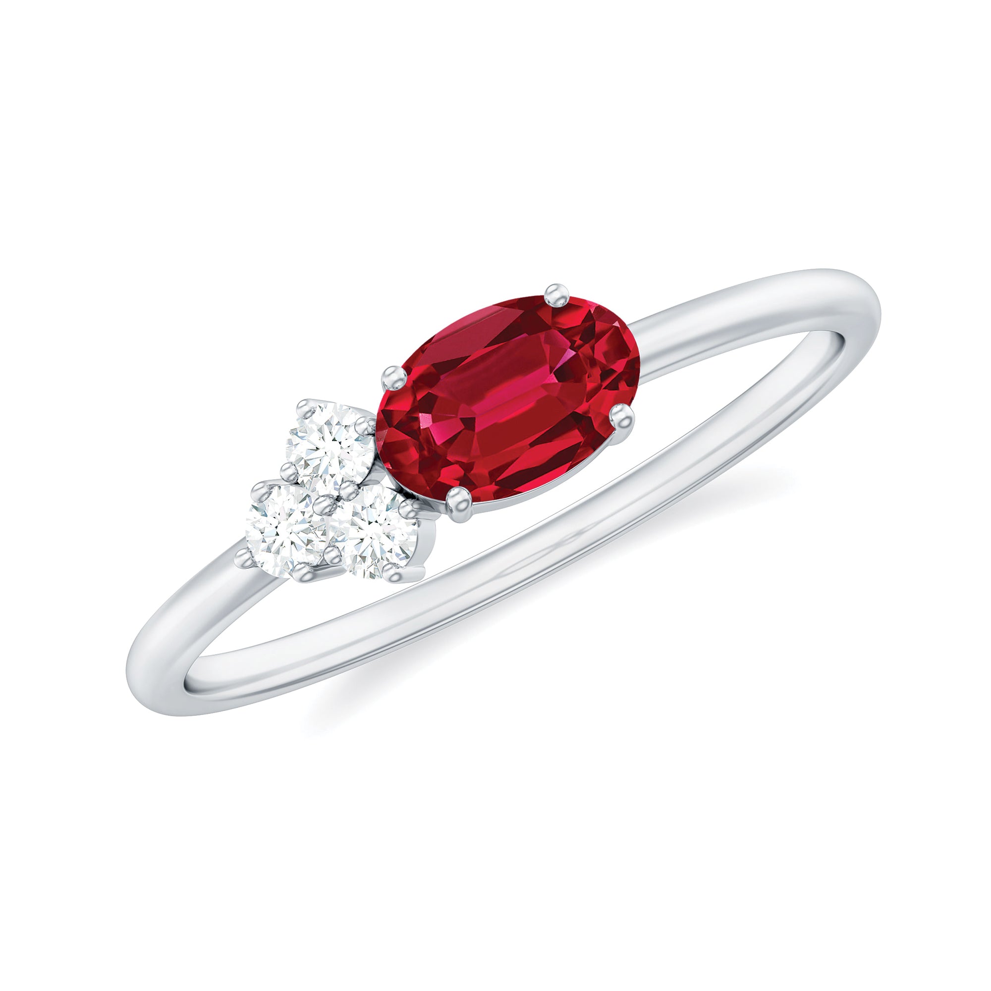 Oval Shape Lab Grown Ruby Ring with Diamond Trio Lab Created Ruby - ( AAAA ) - Quality - Rosec Jewels