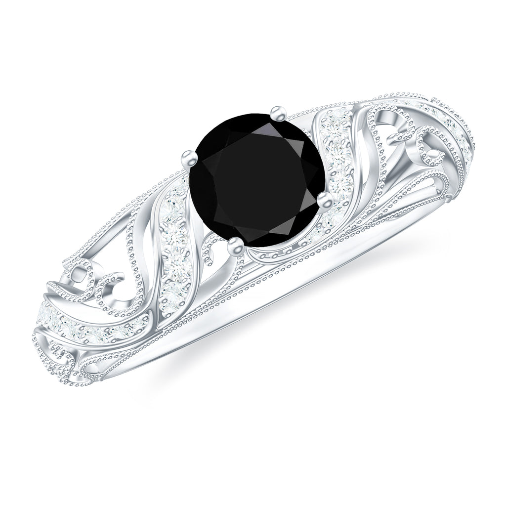 Round Black Onyx Vintage Inspired Engagement Ring with Diamond Black Onyx - ( AAA ) - Quality - Rosec Jewels