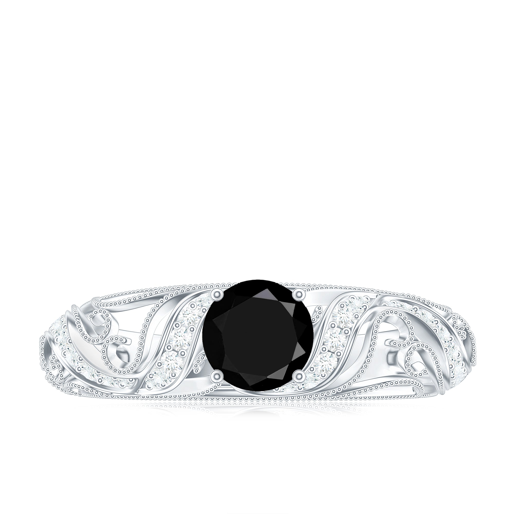 Round Black Onyx Vintage Inspired Engagement Ring with Diamond Black Onyx - ( AAA ) - Quality - Rosec Jewels