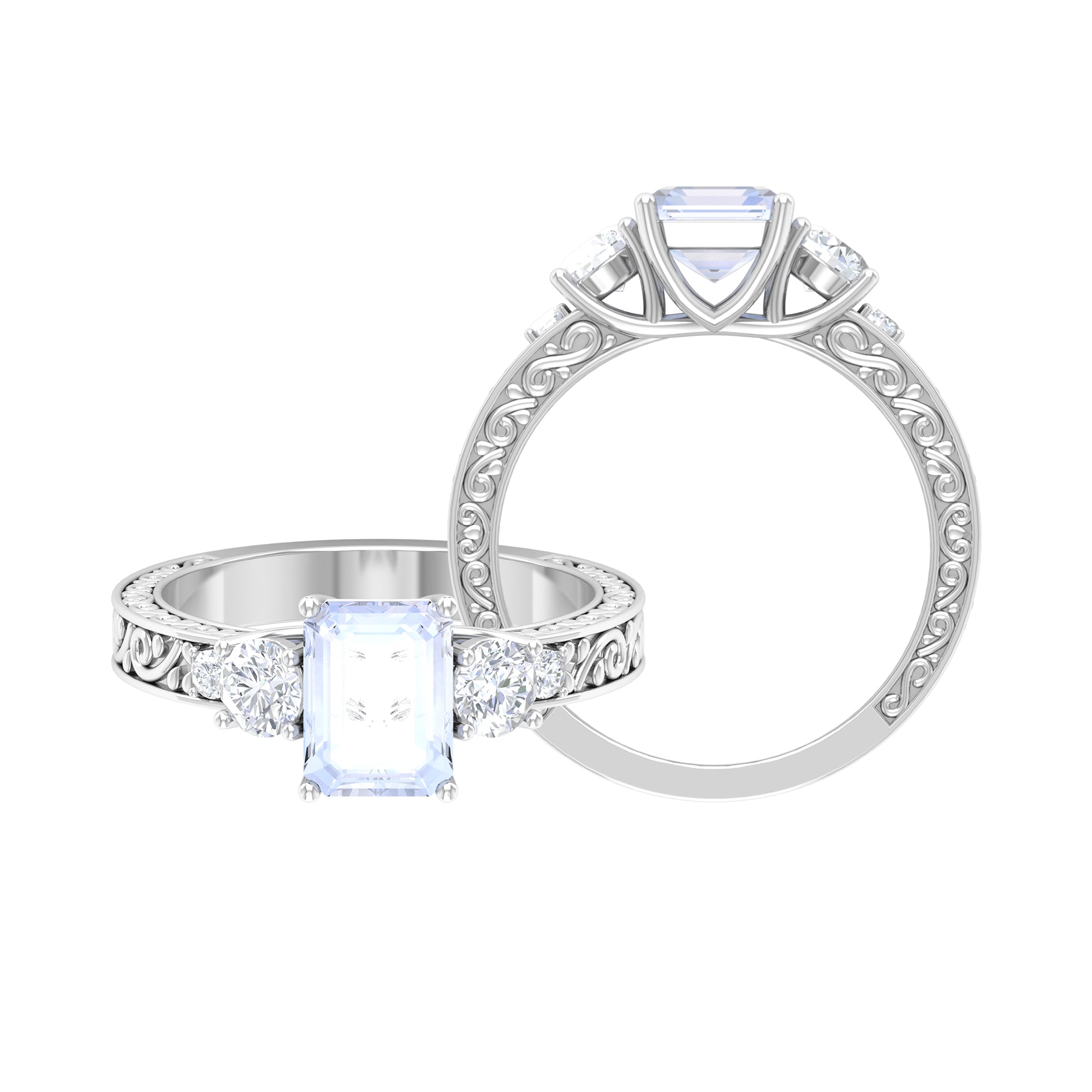 Octagon Cut Moonstone Engagement Ring with Moissanite Moonstone - ( AAA ) - Quality - Rosec Jewels