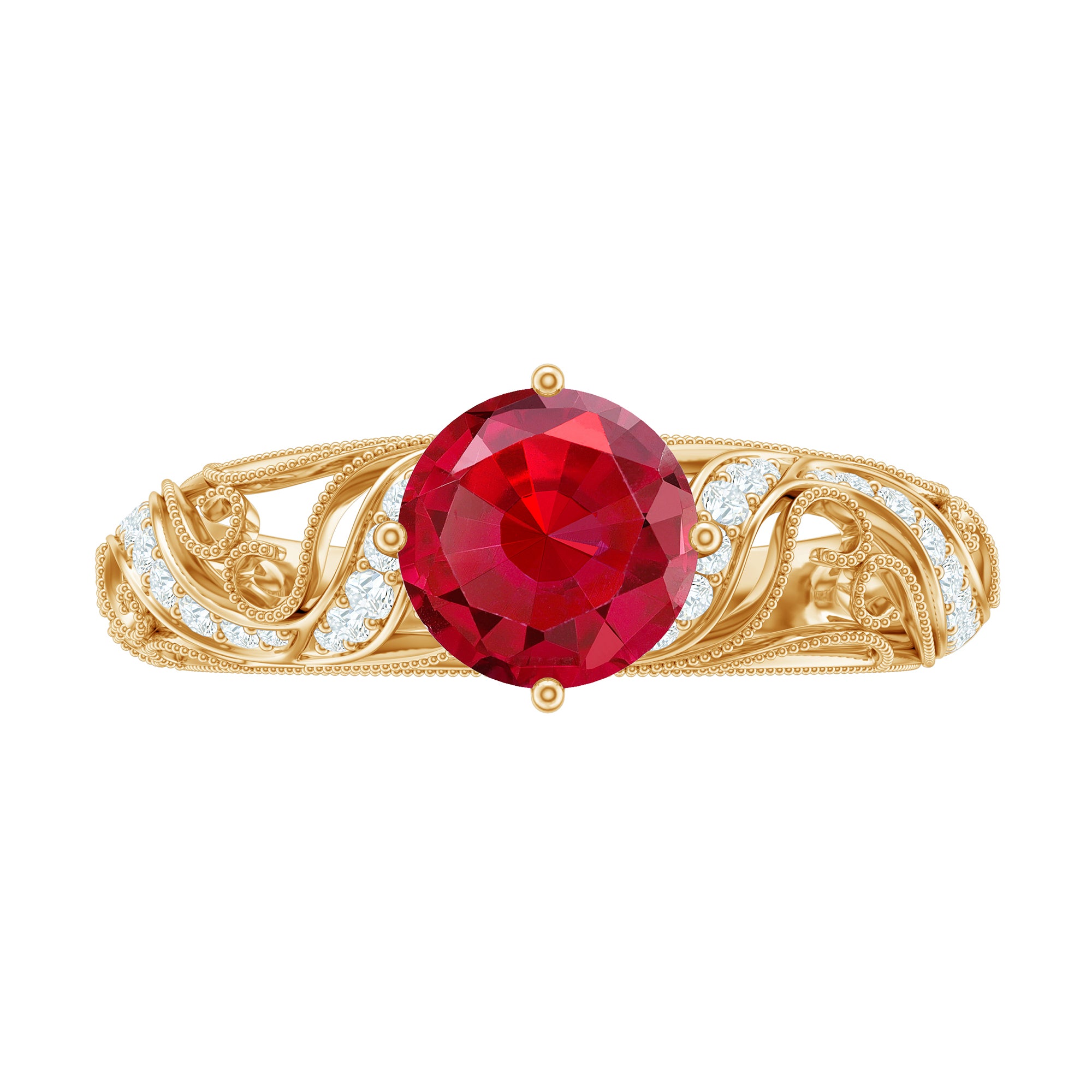 Round Created Ruby Vintage Inspired Engagement Ring with Diamond Lab Created Ruby - ( AAAA ) - Quality - Rosec Jewels