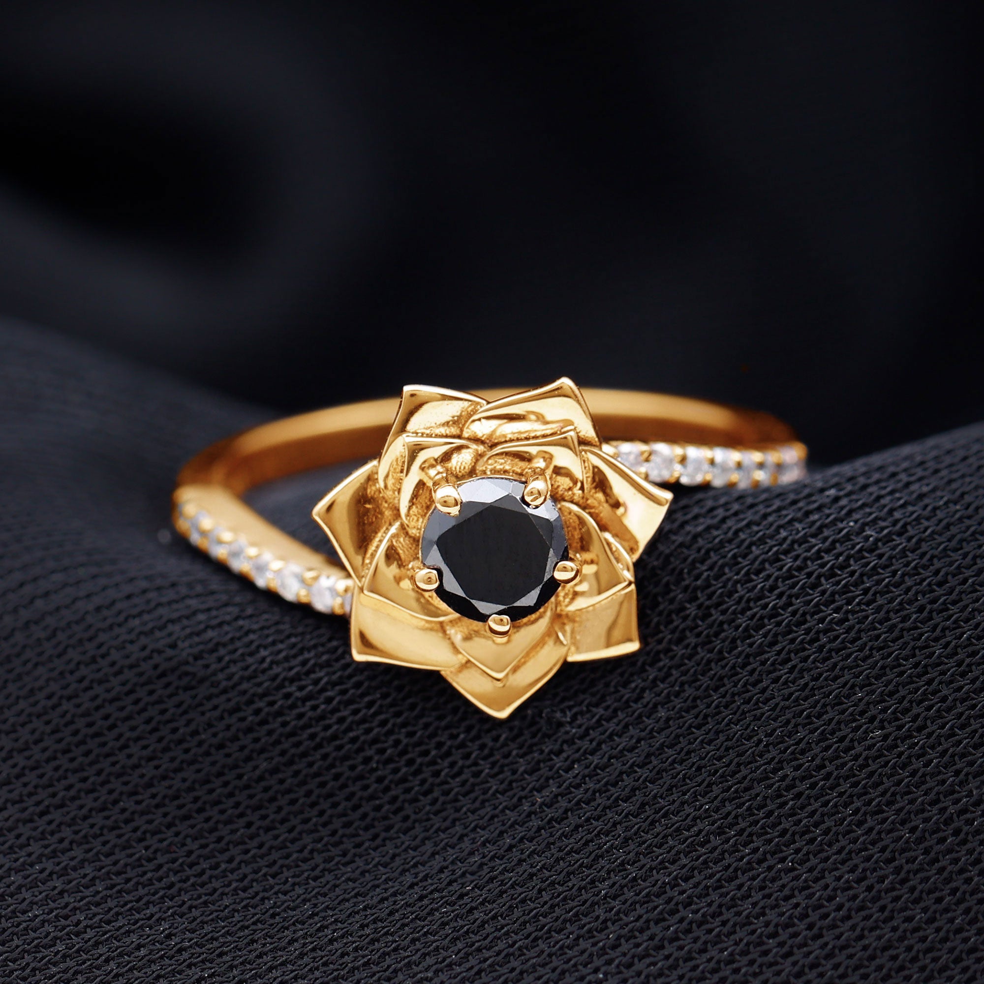 Lab Grown Black Diamond and Diamond Flower Bypass Ring Lab Created Black Diamond - ( AAAA ) - Quality - Rosec Jewels