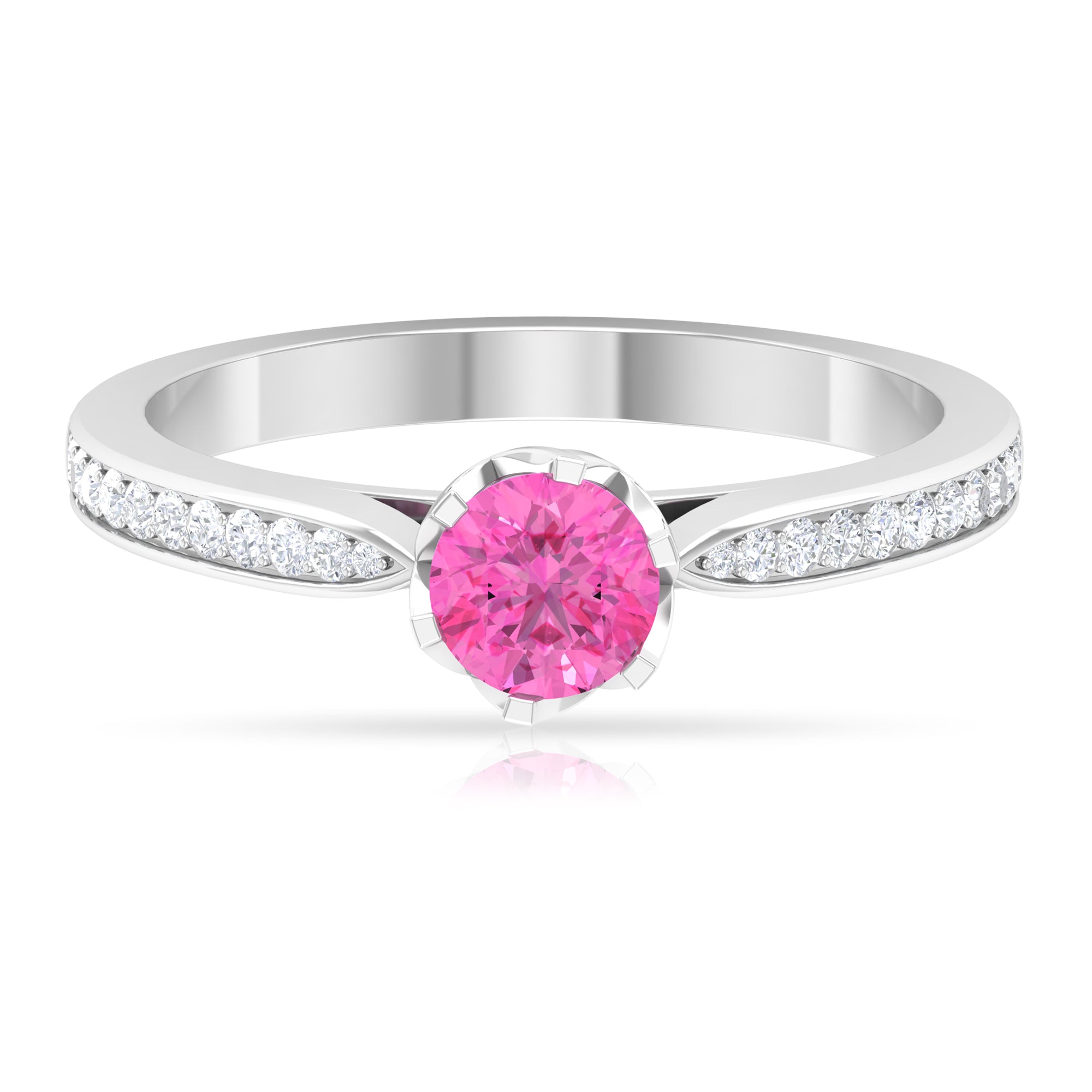 Round Cut Pink Sapphire Solitaire Engagement Ring with Diamond Pink Sapphire - ( AAA ) - Quality - Rosec Jewels