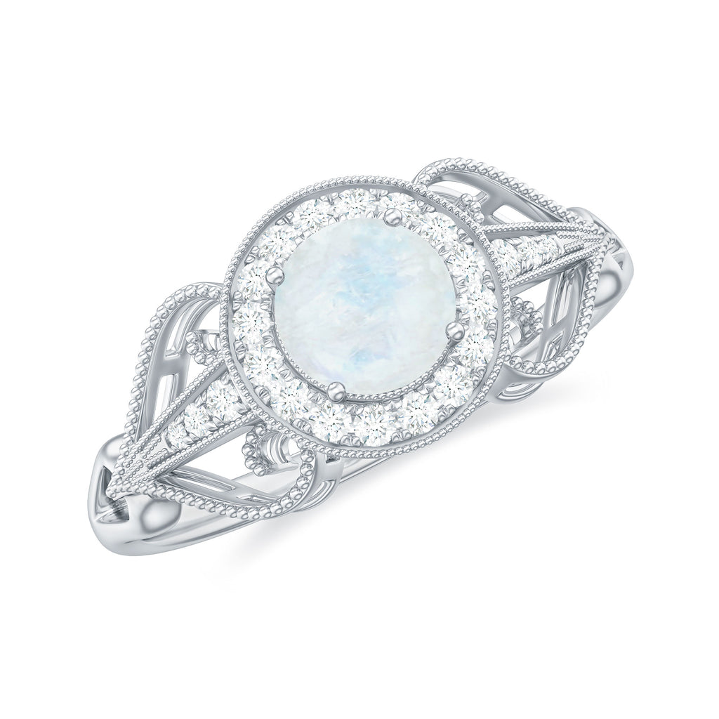 Vintage Moonstone Diamond Engagement Ring with Beaded Detail Moonstone - ( AAA ) - Quality - Rosec Jewels