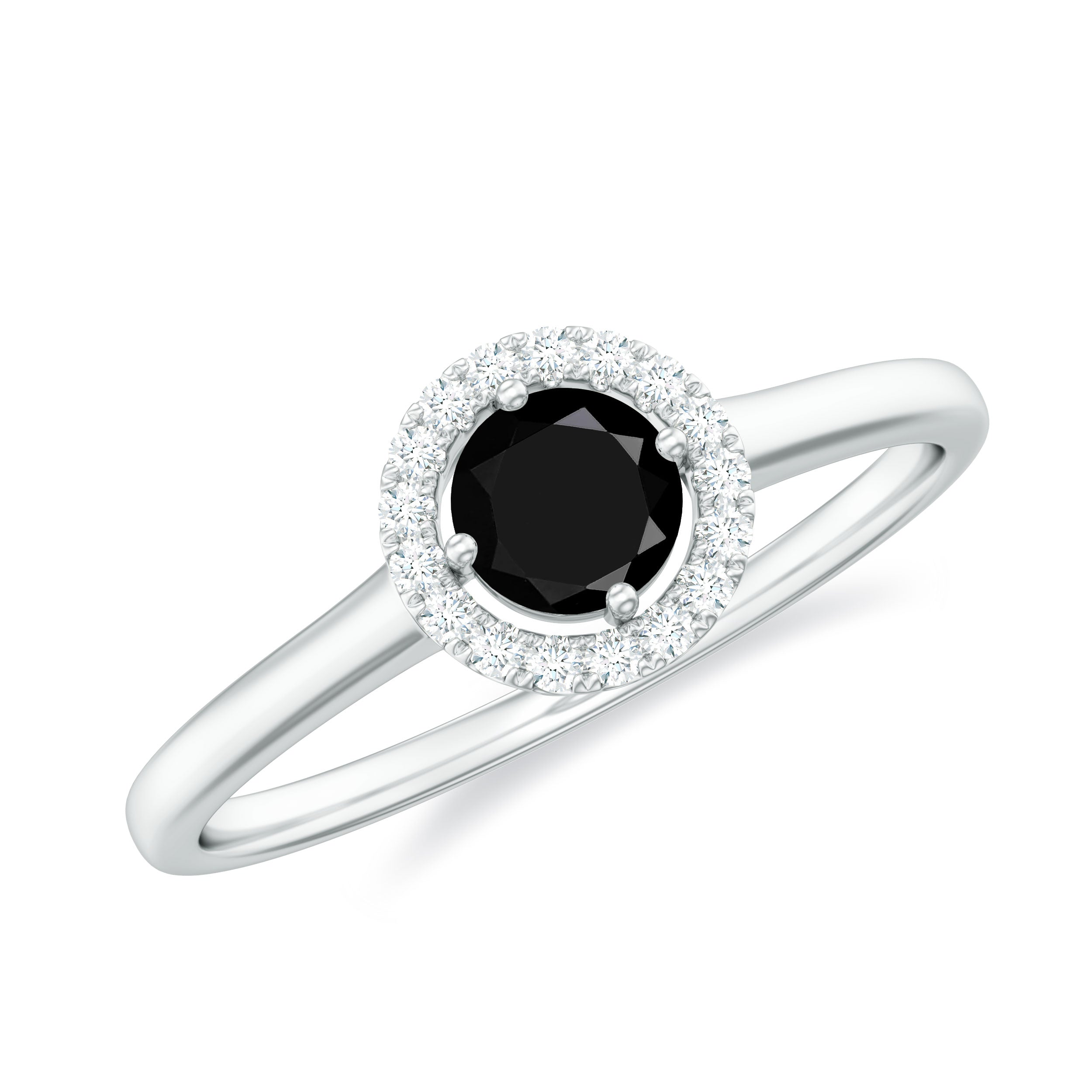 Natural Black Onyx Promise Ring with Diamond Halo Black Onyx - ( AAA ) - Quality - Rosec Jewels