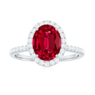 Oval Shape Created Ruby and Diamond Halo Engagement Ring Lab Created Ruby - ( AAAA ) - Quality - Rosec Jewels