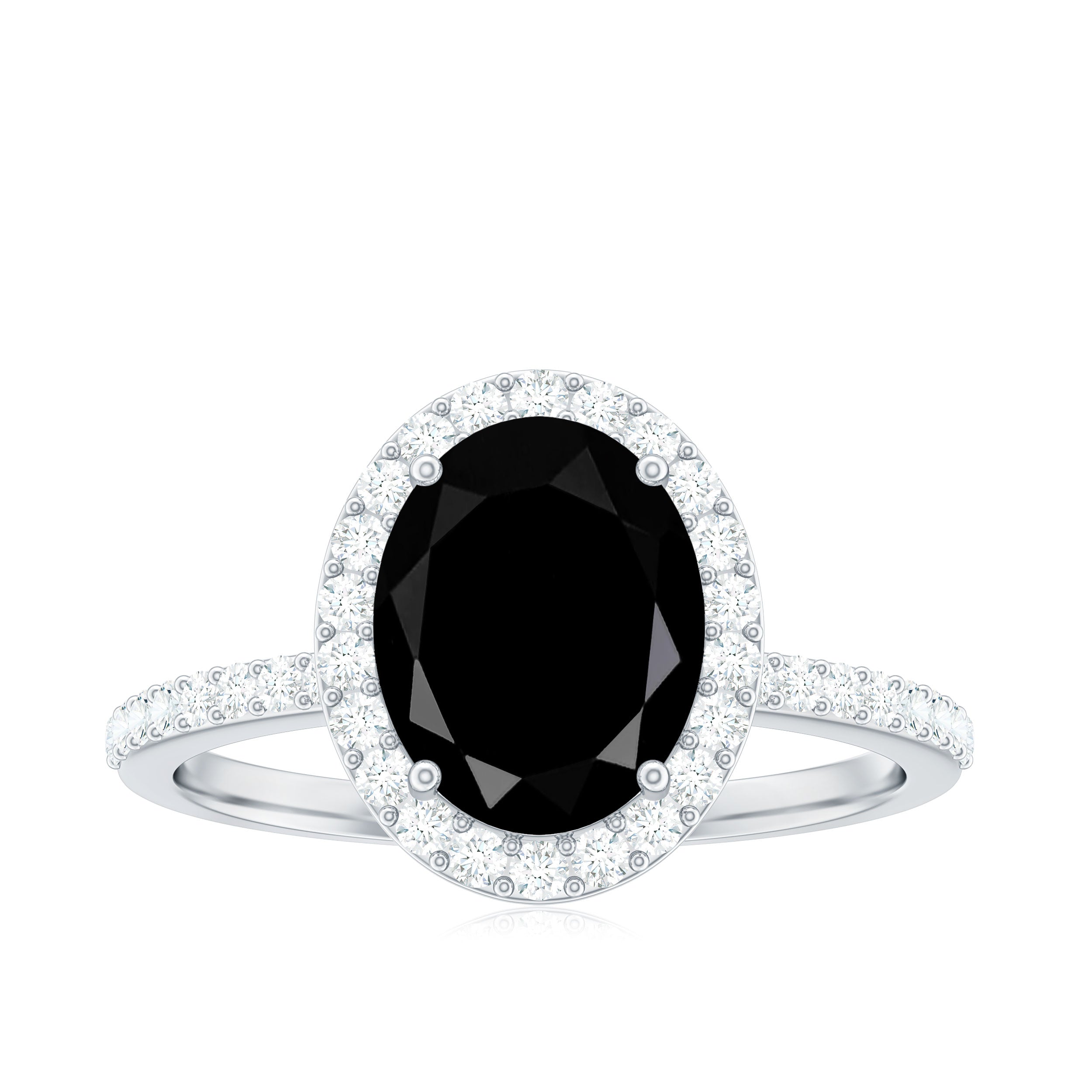 Classic Oval Shape Black Onyx Ring with Diamond Halo Black Onyx - ( AAA ) - Quality - Rosec Jewels